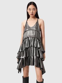 AllSaints Cavarly Ruffle Tiered Dress, Metallic Silver, Metallic Silver