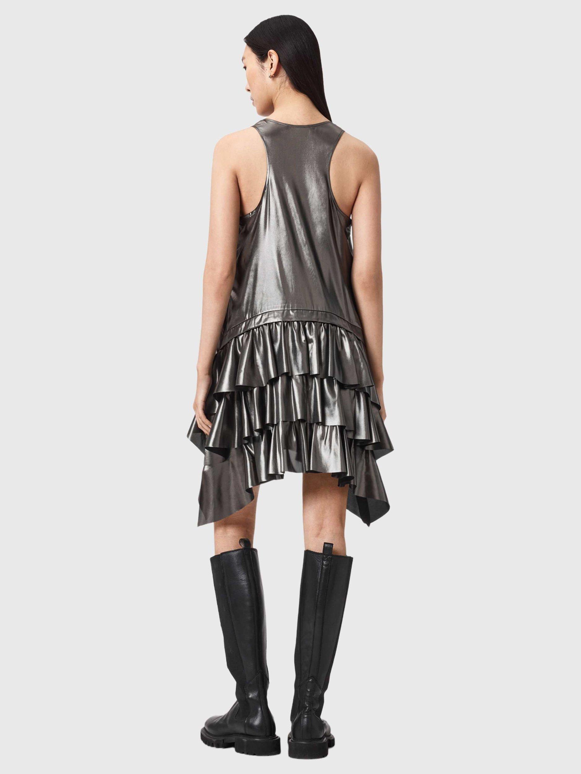 Product image 2 of 5, which shows AllSaints Cavarly Ruffle Tiered Dress, Metallic Silver, 10