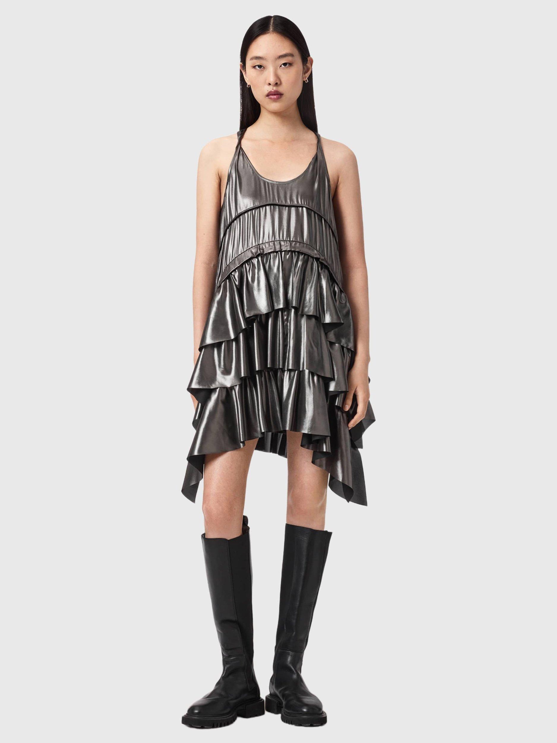 Product image 3 of 5, which shows AllSaints Cavarly Ruffle Tiered Dress, Metallic Silver, 10