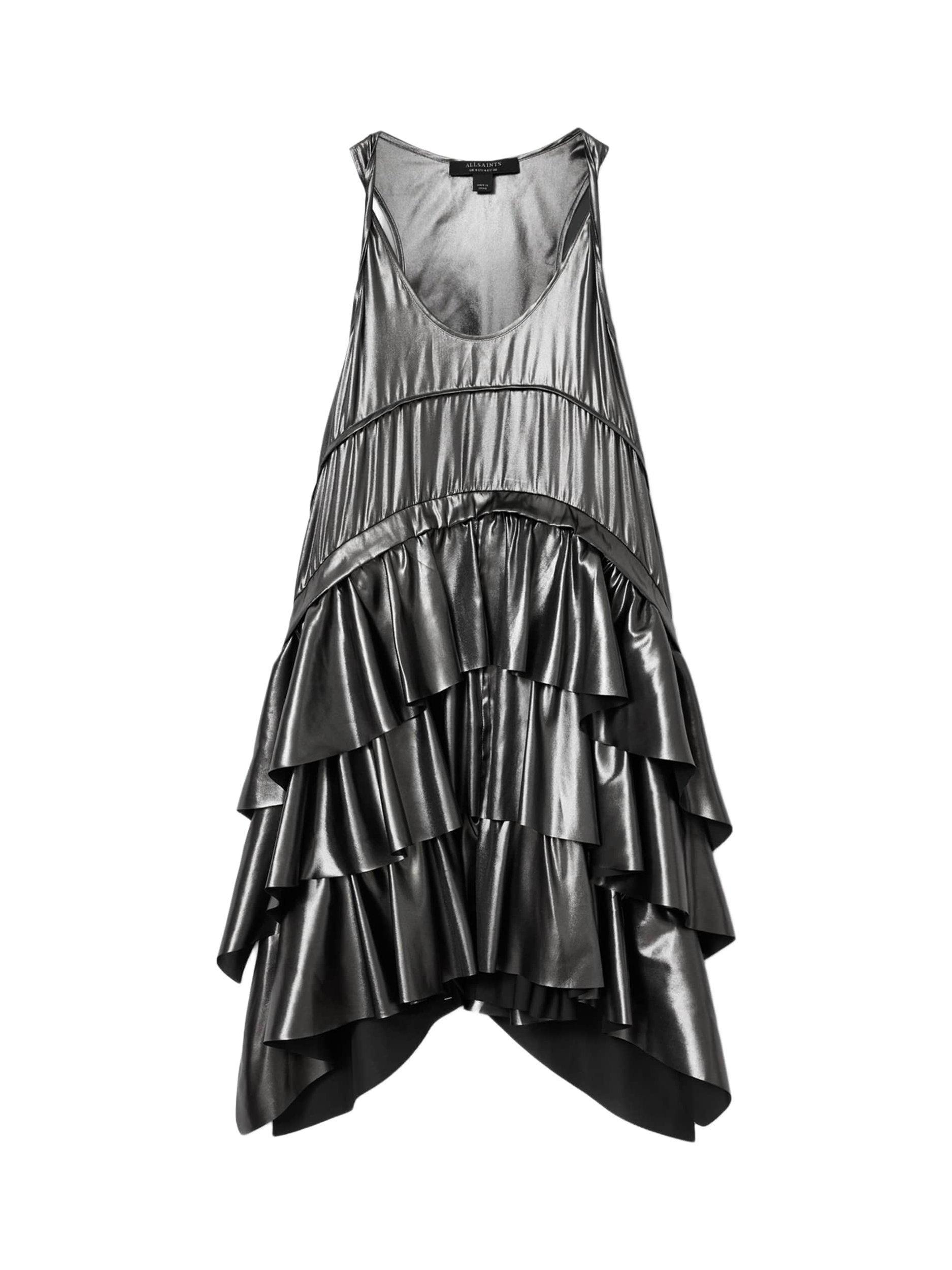 Product image 4 of 5, which shows AllSaints Cavarly Ruffle Tiered Dress, Metallic Silver, 10