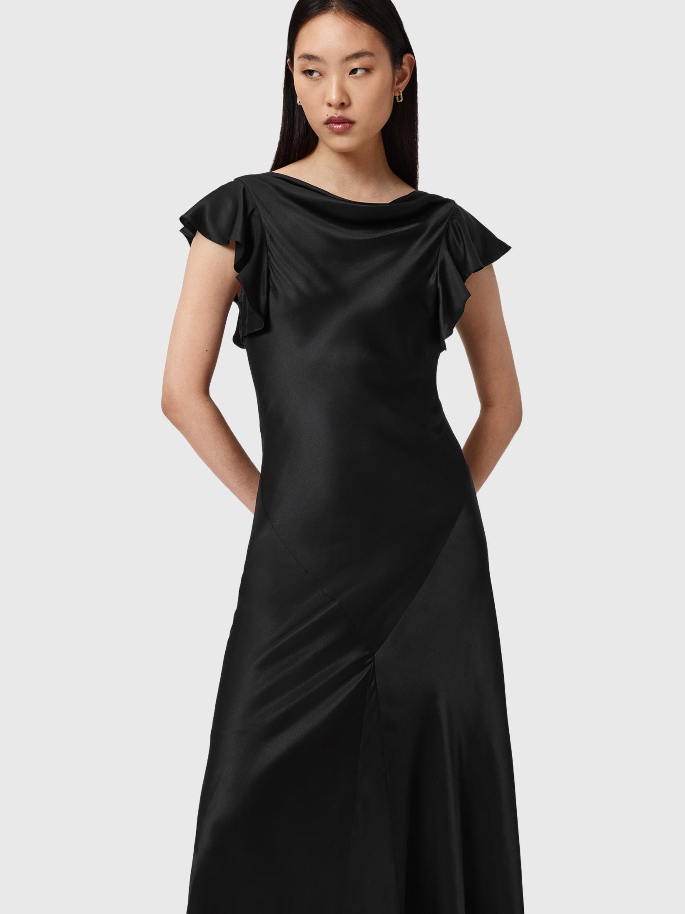 Product image 1 of 8, which shows AllSaints Flora A-Line Silk Blend Maxi Dress, Black, 6