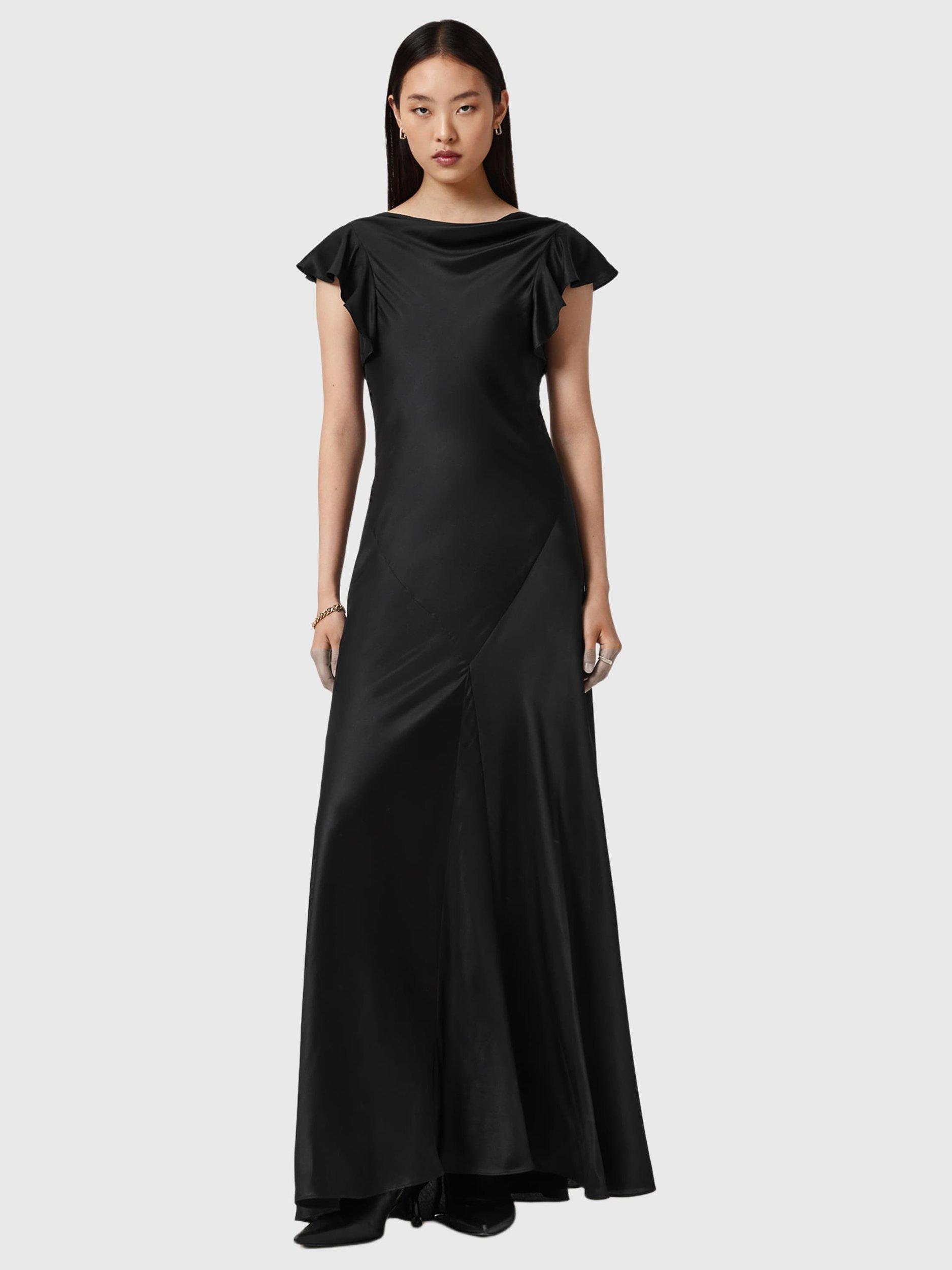Product image 3 of 8, which shows AllSaints Flora A-Line Silk Blend Maxi Dress, Black, 6
