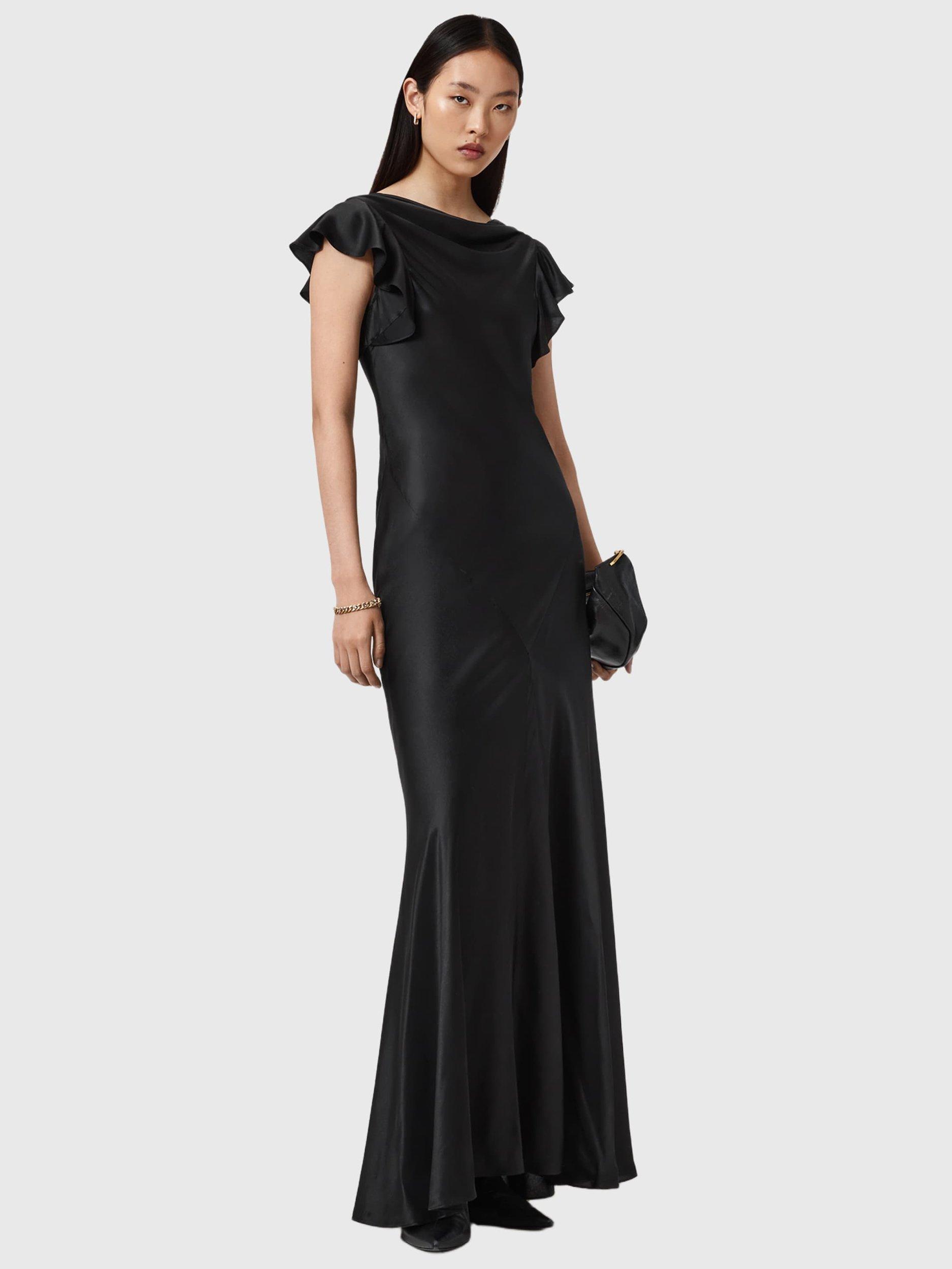 Product image 6 of 8, which shows AllSaints Flora A-Line Silk Blend Maxi Dress, Black, 6