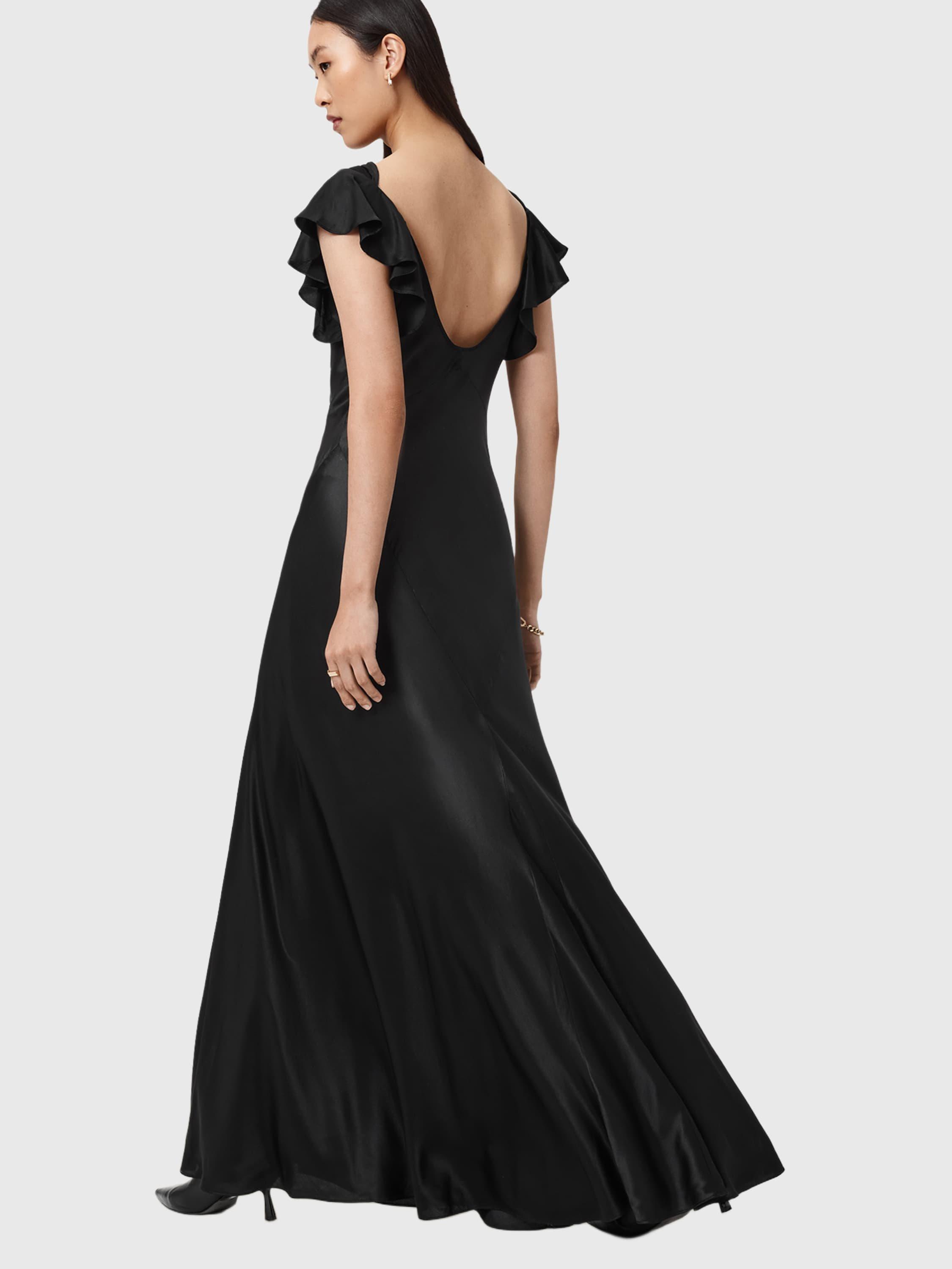 Product image 7 of 8, which shows AllSaints Flora A-Line Silk Blend Maxi Dress, Black, 6