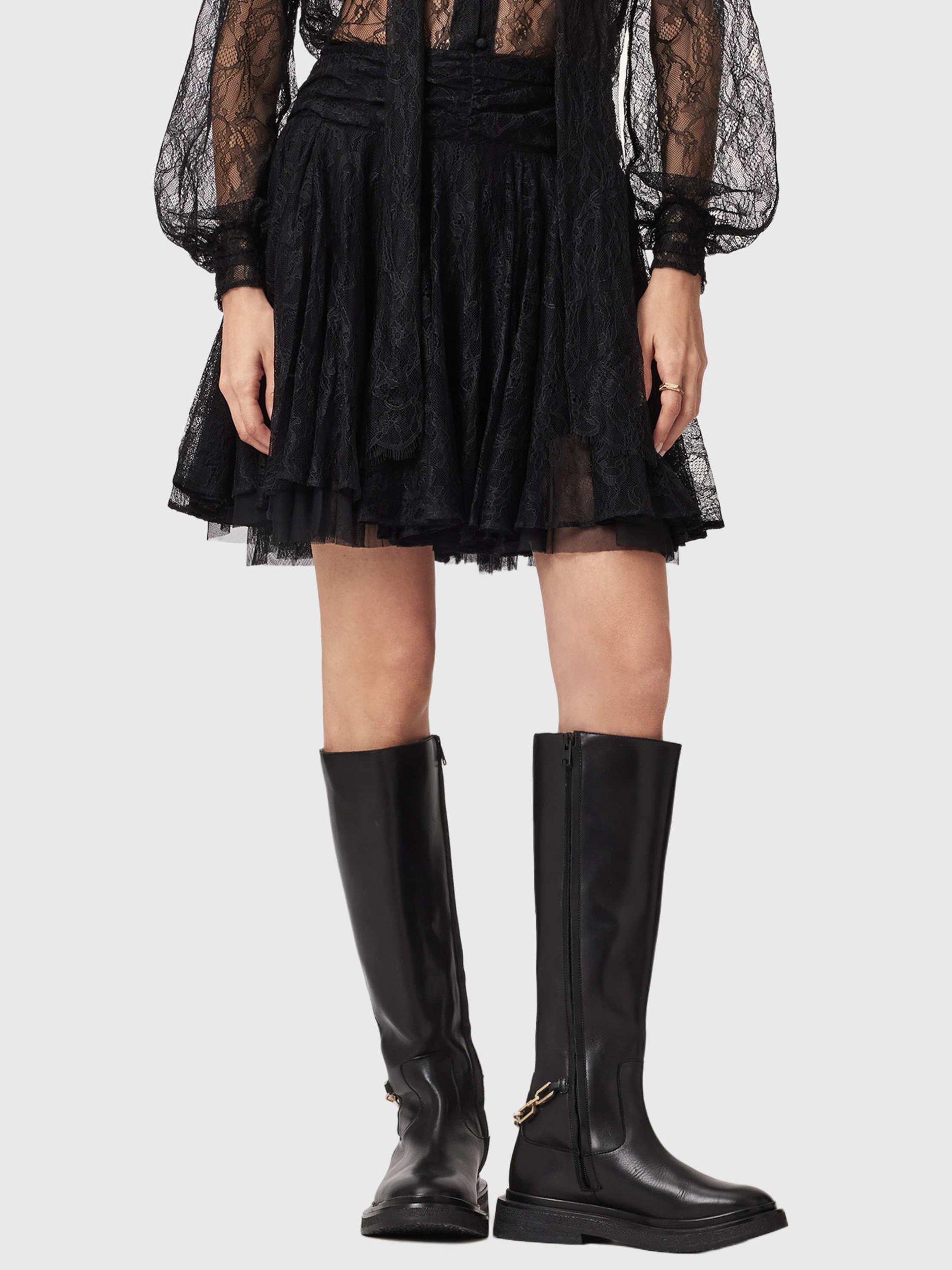 Product image 1 of 8, which shows AllSaints Athena A-Line Lace Mini Skirt, Black, 10