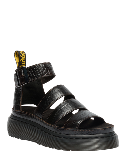 Dr. Martens Clarissa Quad Leather Croc Embossed Footbed Sandals, Dark Brown - view 2, Dark Brown