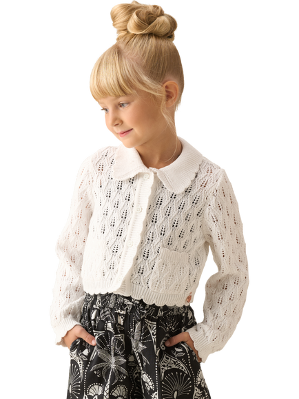 Angel & Rocket Kids' Knitted Crochet Long Sleeved Cardigan, White, White