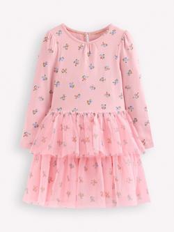 Mini Boden Kids' Cotton and Tulle Long Sleeved Dress, Pink Ditsy Floral, Pink Ditsy Floral