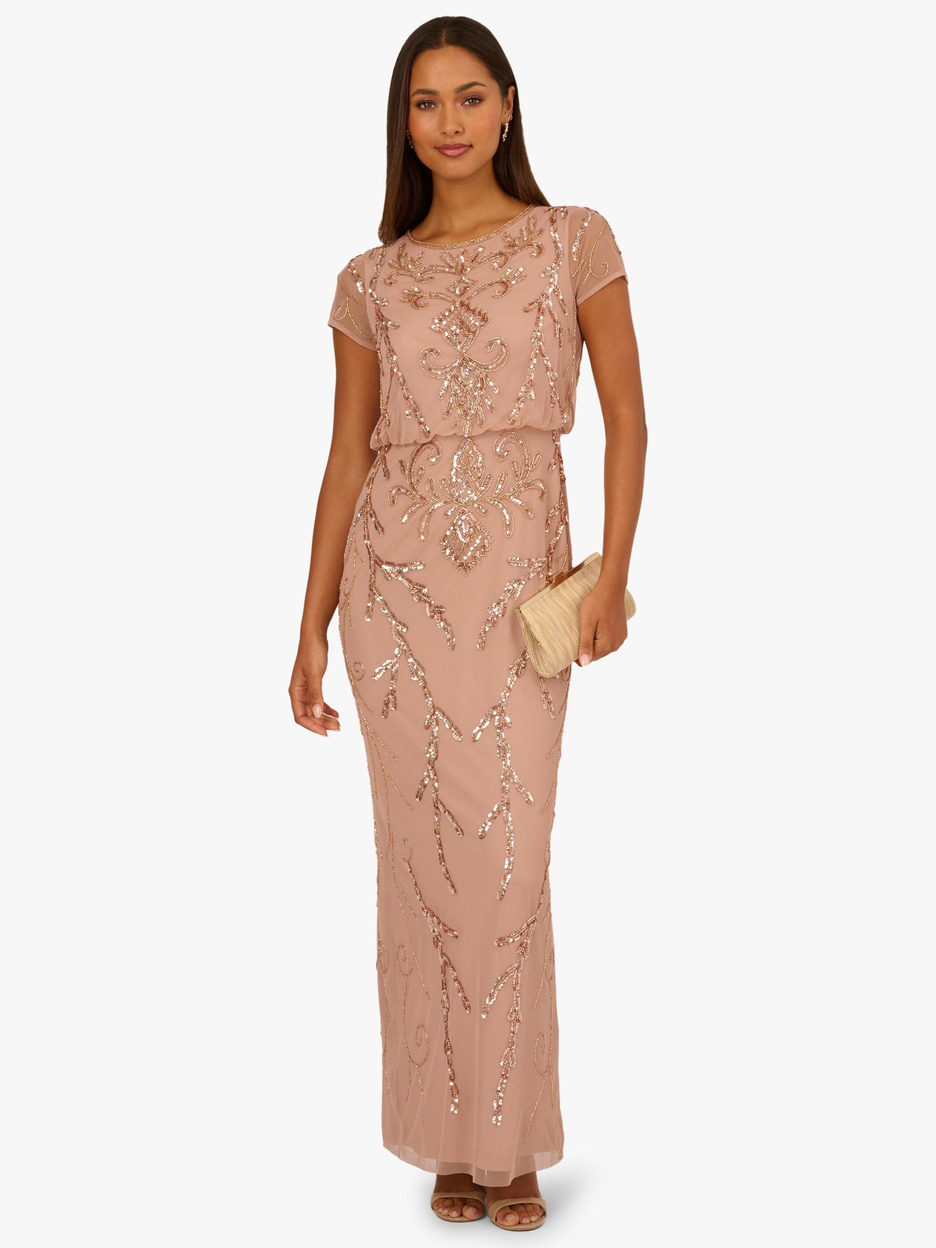 rose gold dress petite Adrianna Papell Beaded Blouson Short Sleeve Maxi Dress, formal rose gold dress
