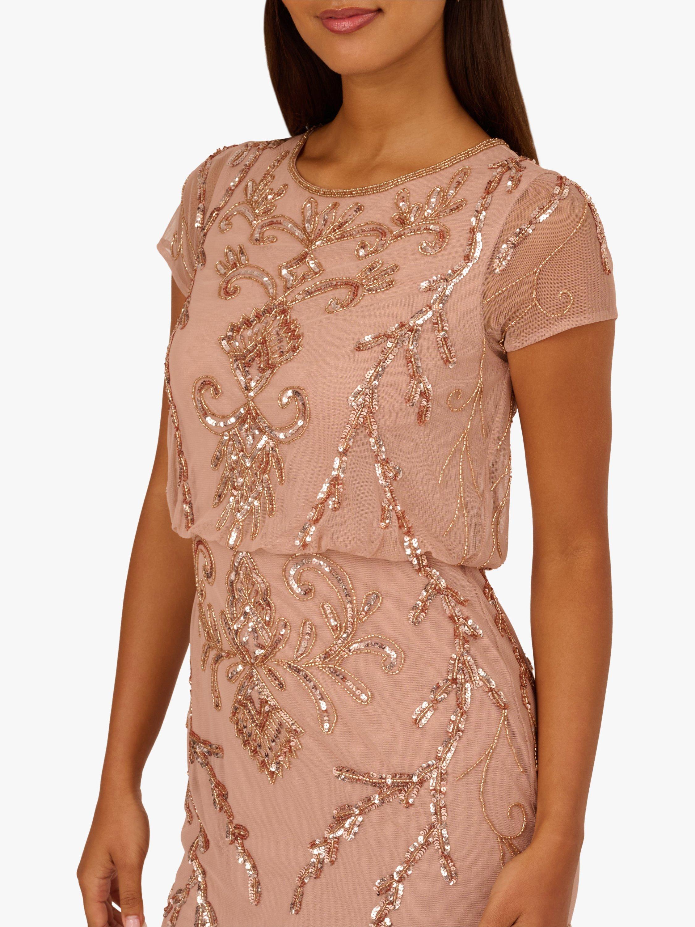 Adrianna Papell Petite Beaded Blouson Short Sleeve Maxi Dress, Rose Gold