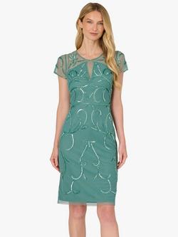 Adrianna Papell Studio Bead Mesh Short Sleeve Sheath Midi Dress, Green Slate