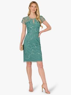 Adrianna Papell Studio Bead Mesh Short Sleeve Sheath Midi Dress - view 2, Green Slate