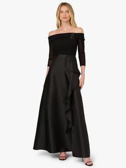Adrianna Papell Studio Embellished Three Quarter Sleeve Bardot Neck Maxi Dress, Black, Black