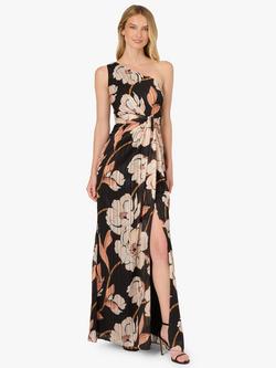 Adrianna Papell Floral One Shoulder Asymmetric Neck Draped Maxi Dress, Black/Multi