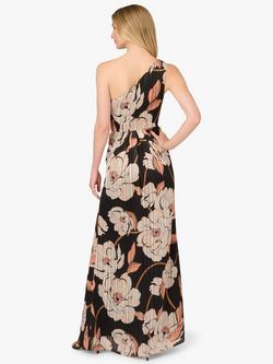 Adrianna Papell Floral One Shoulder Asymmetric Neck Draped Maxi Dress - view 2, Black/Multi