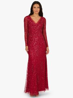 Adrianna Papell Beaded Long Sleeve V Neck Maxi Dress, Cranberry