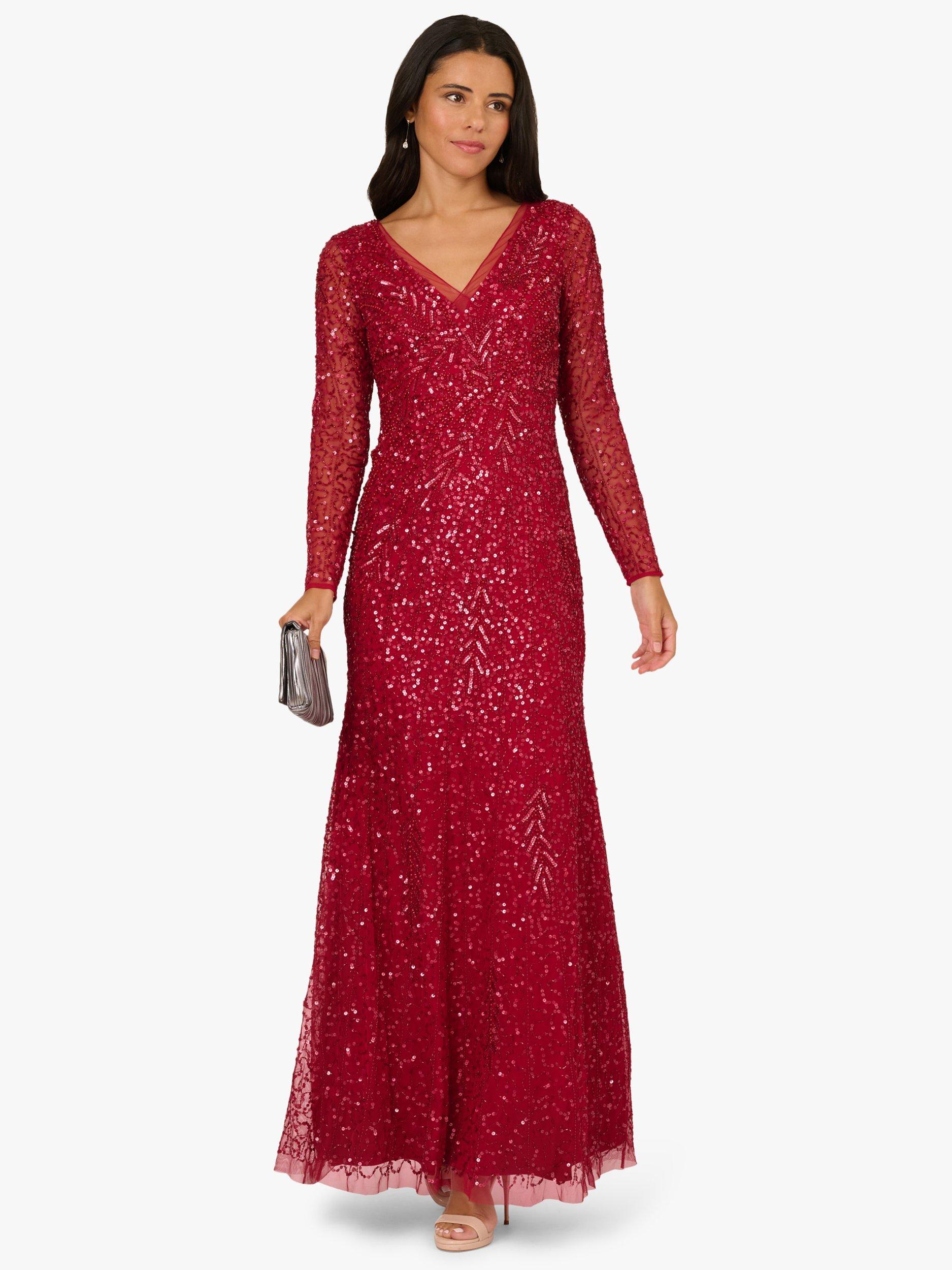 Adrianna Papell Beaded Long Sleeve V Neck Maxi Dress