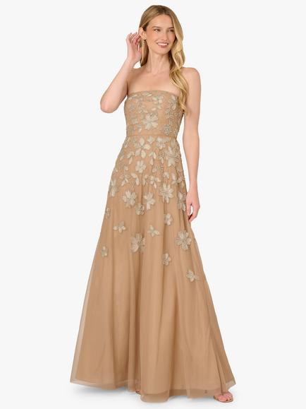 Adrianna Papell Bead Mesh Strapless Bandeau Neck Maxi Dress, Taupe/Pink
