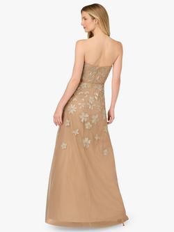 Adrianna Papell Bead Mesh Strapless Bandeau Neck Maxi Dress - view 2, Taupe/Pink