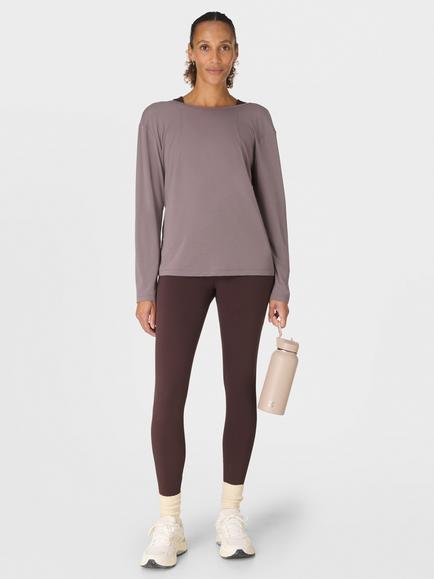 Sweaty Betty Soft Flow Strappy Back Boxy Long Sleeve Top, Grounded Brown - view 2, Grounded Brown
