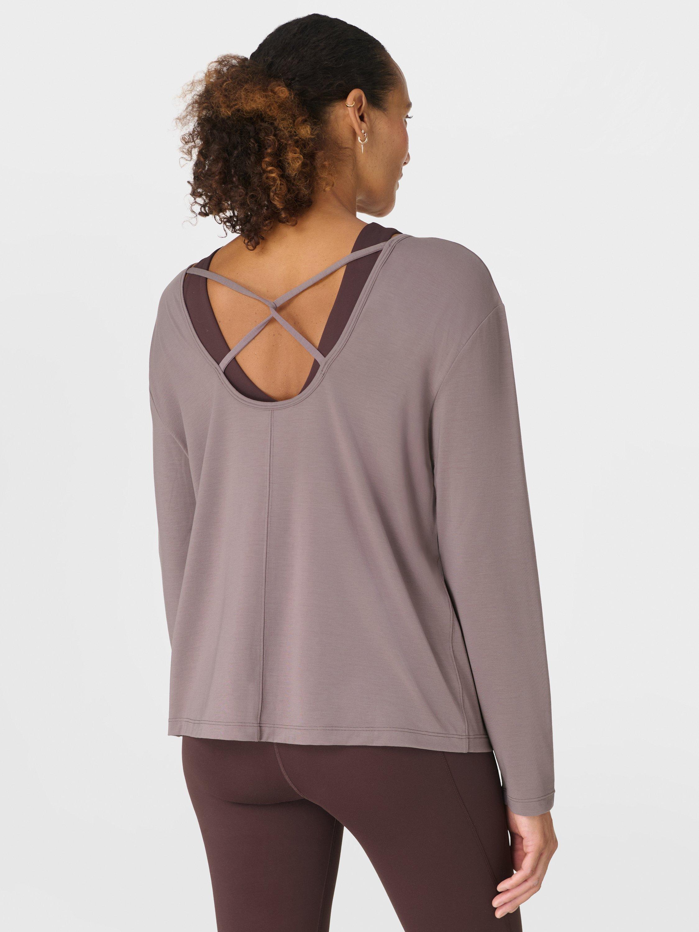Sweaty Betty Soft Flow Strappy Back Boxy Long Sleeve Top, Grounded Brown