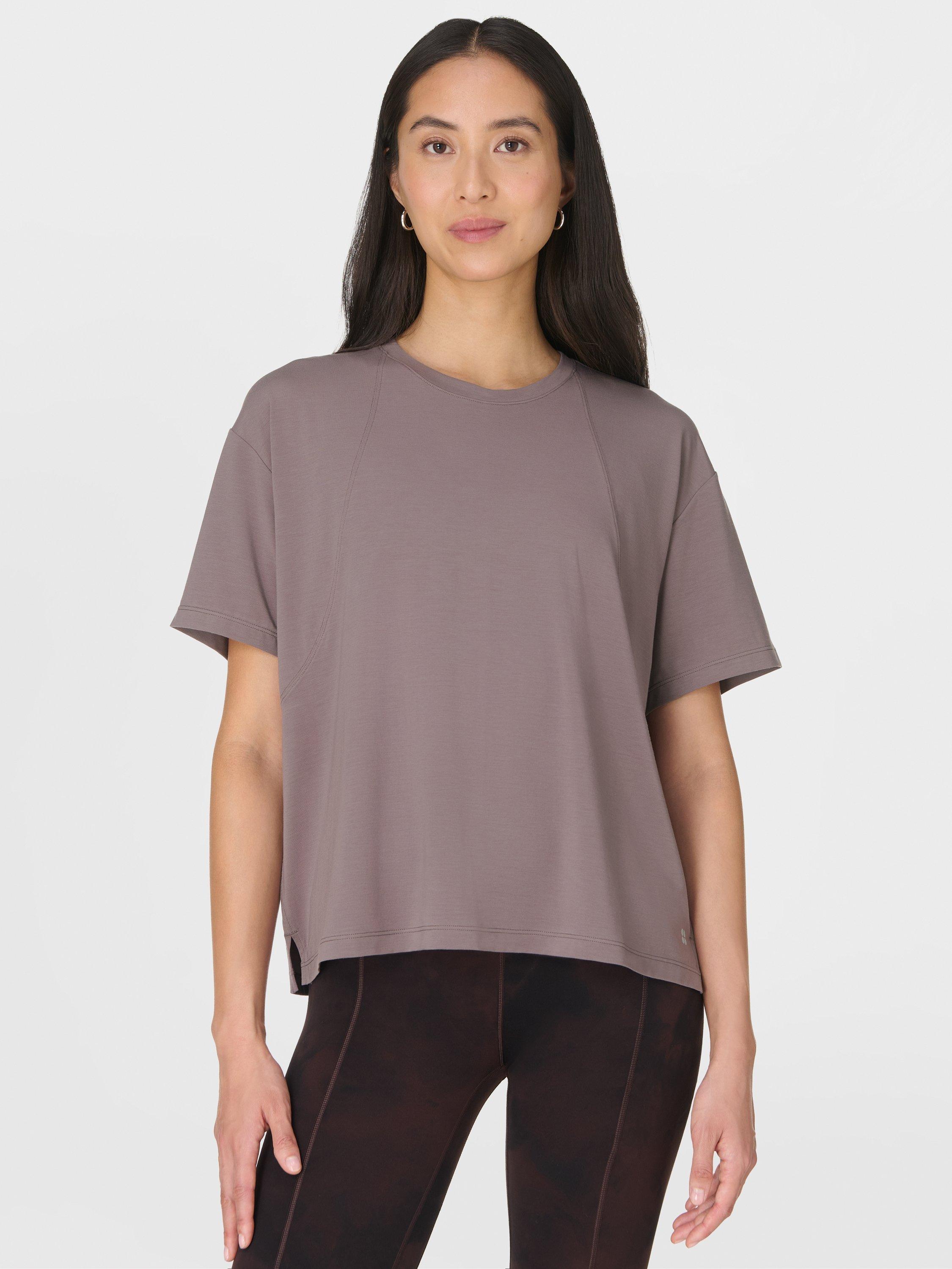 Product image 1 of 7, which shows Sweaty Betty Soft Flow Studio T-Shirt, Grounded Brown, S