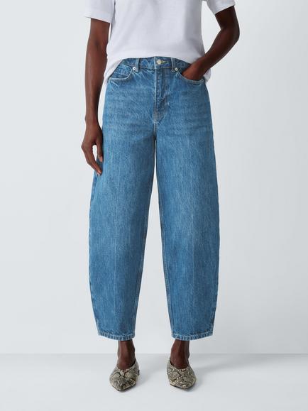 John Lewis Crease Barrel Leg Jeans, Mid Blue - view 2, Mid Blue