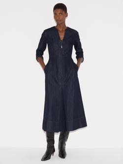Jigsaw Zip Neck Chambray Denim Midi Dress, Indigo, Indigo