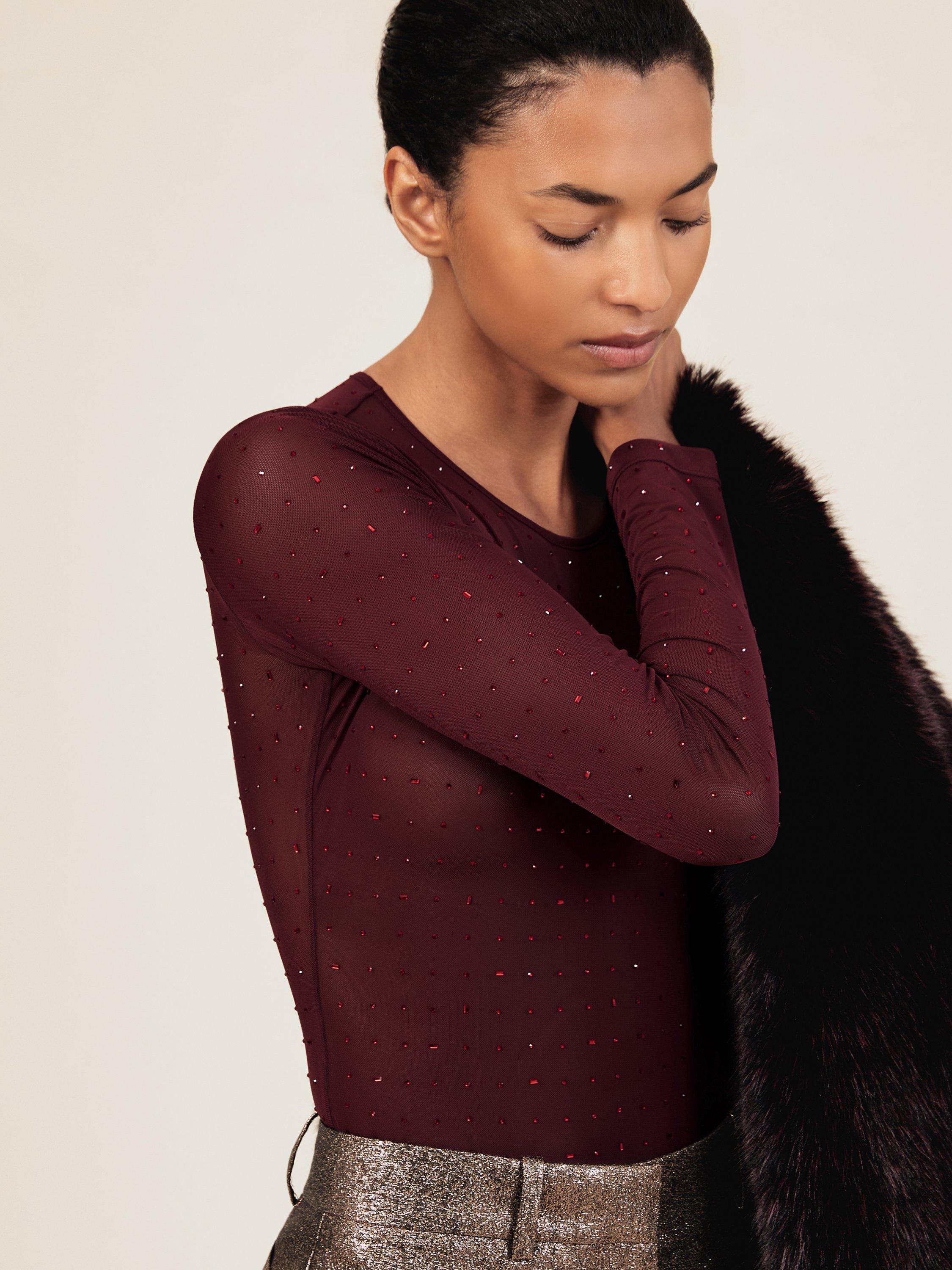 Product image 1 of 5, which shows Reiss Pippa Sparkle Bodysuit, Red, 10