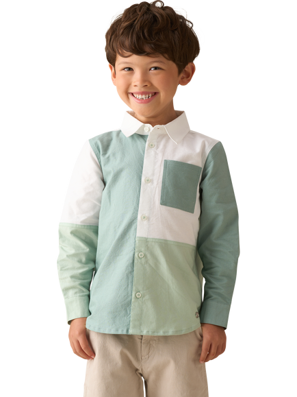 Angel & Rocket Kids' Colour Block Long Sleeved Oxford Shirt, Sage, Sage