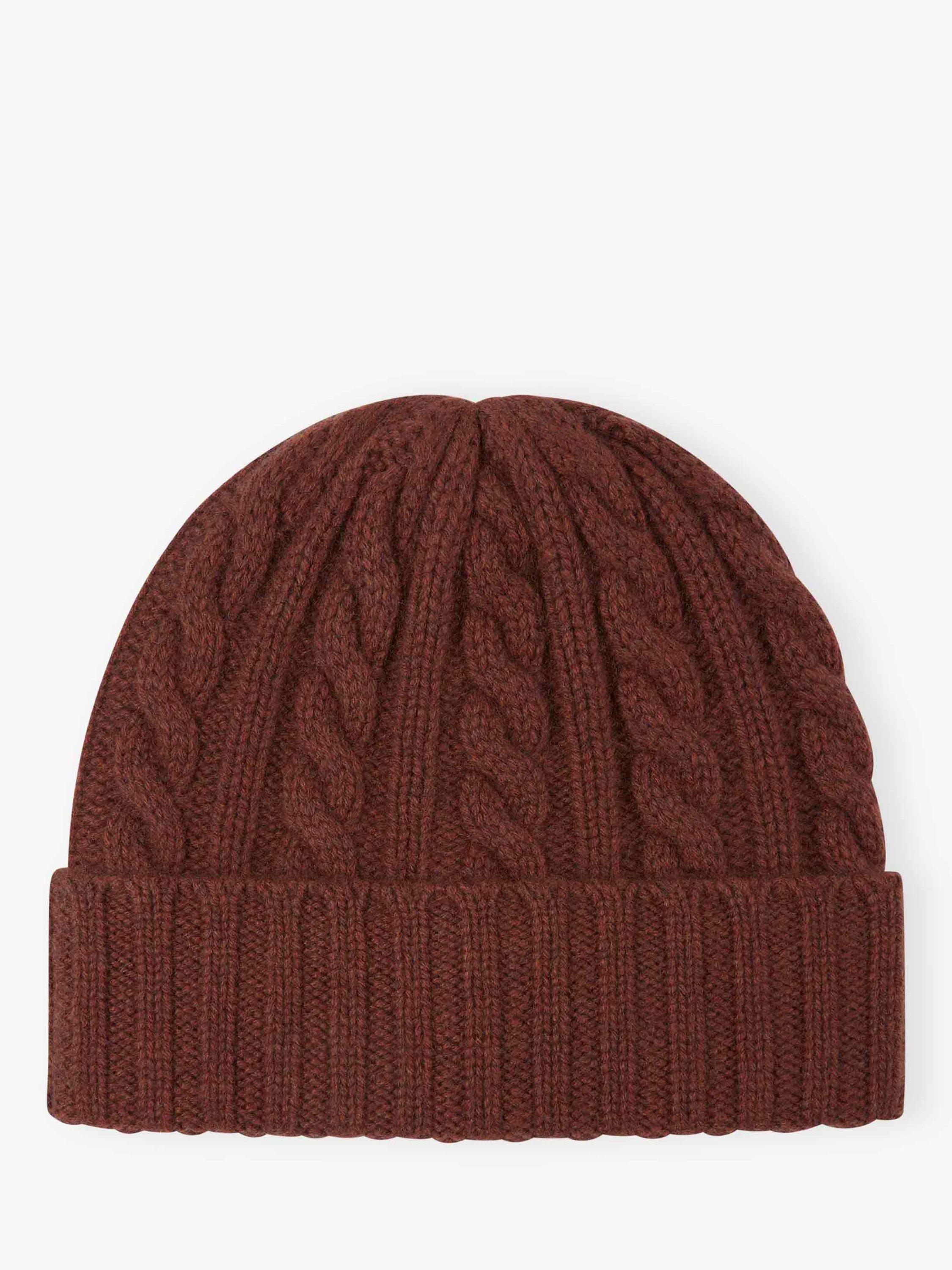 Product image 1 of 2, which shows Brora Ribbed Pure Cashmere Beanie Hat, Conker, One Size