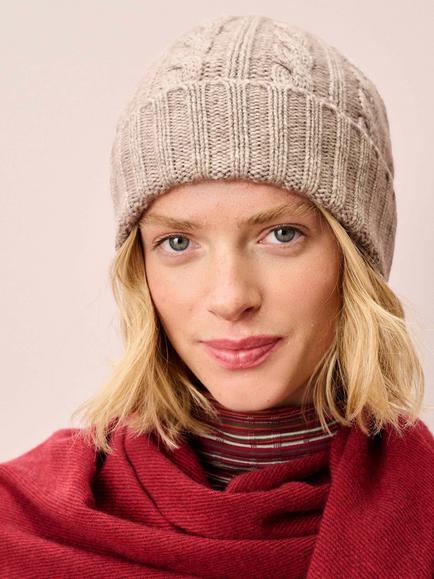 Brora Cashmere Cable Knit Beanie Hat - view 2, Ash