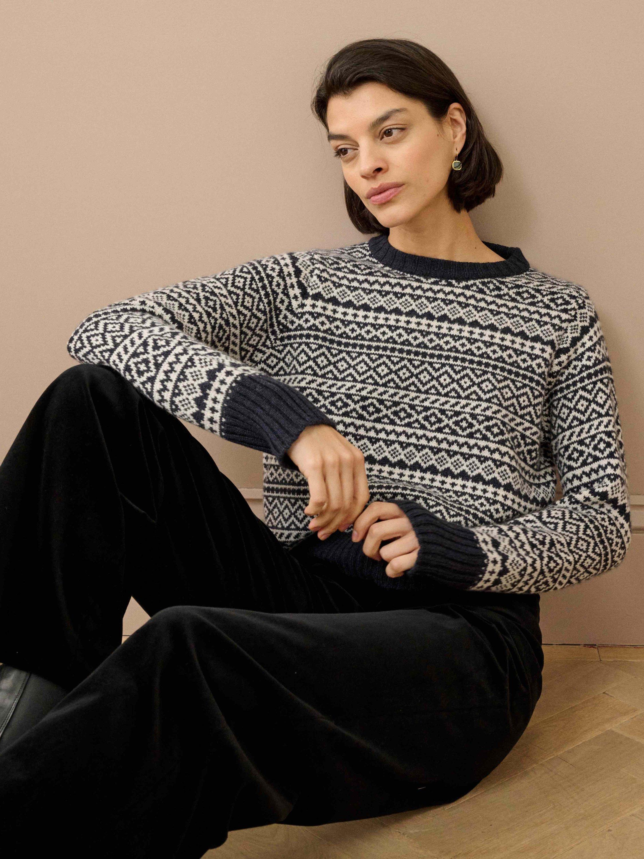 Product image 1 of 5, which shows Brora Cashmere Folk Fair Isle Jumper, Navy/Multi, 16-18