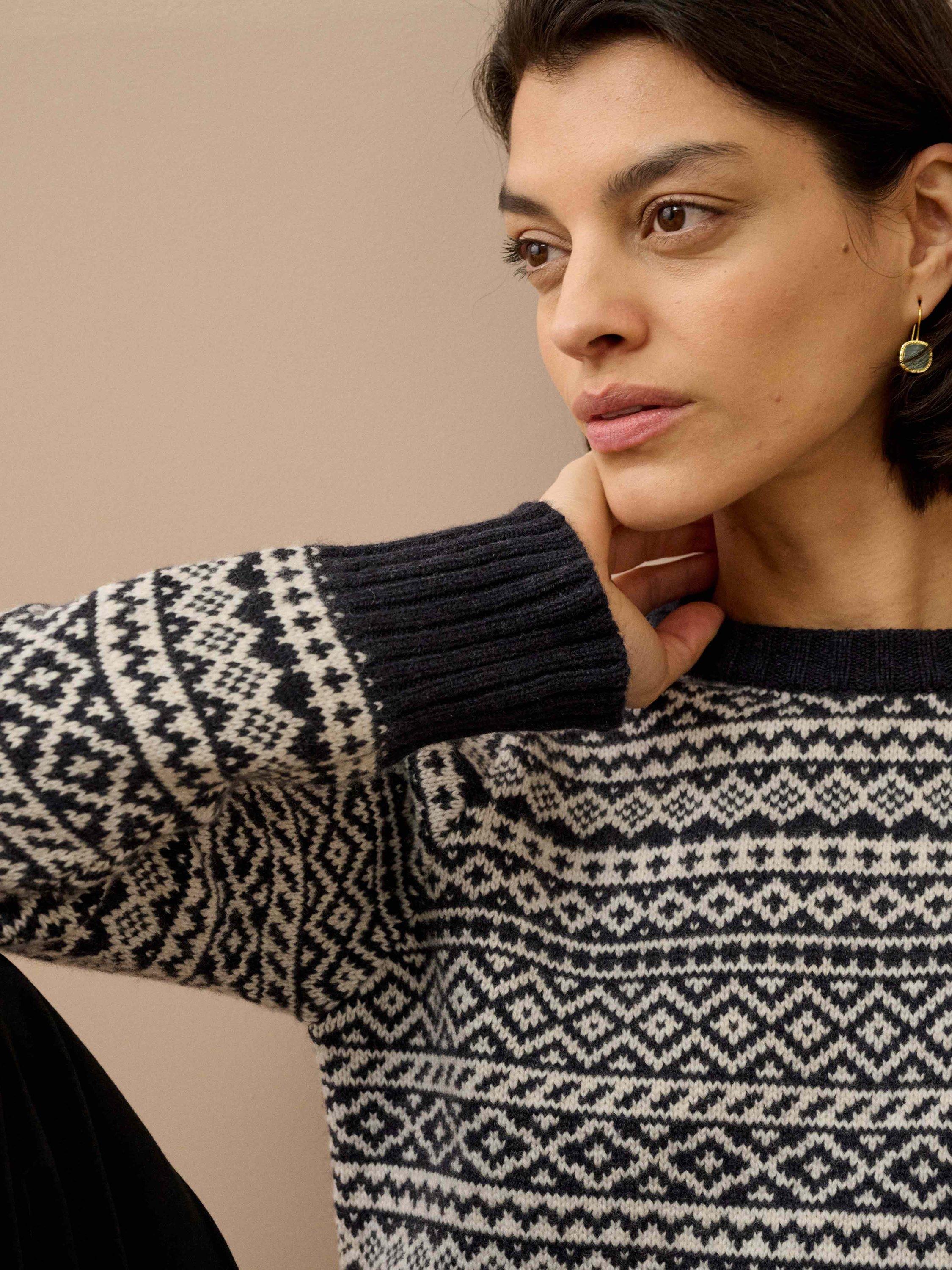 Product image 3 of 5, which shows Brora Cashmere Folk Fair Isle Jumper, Navy/Multi, 16-18