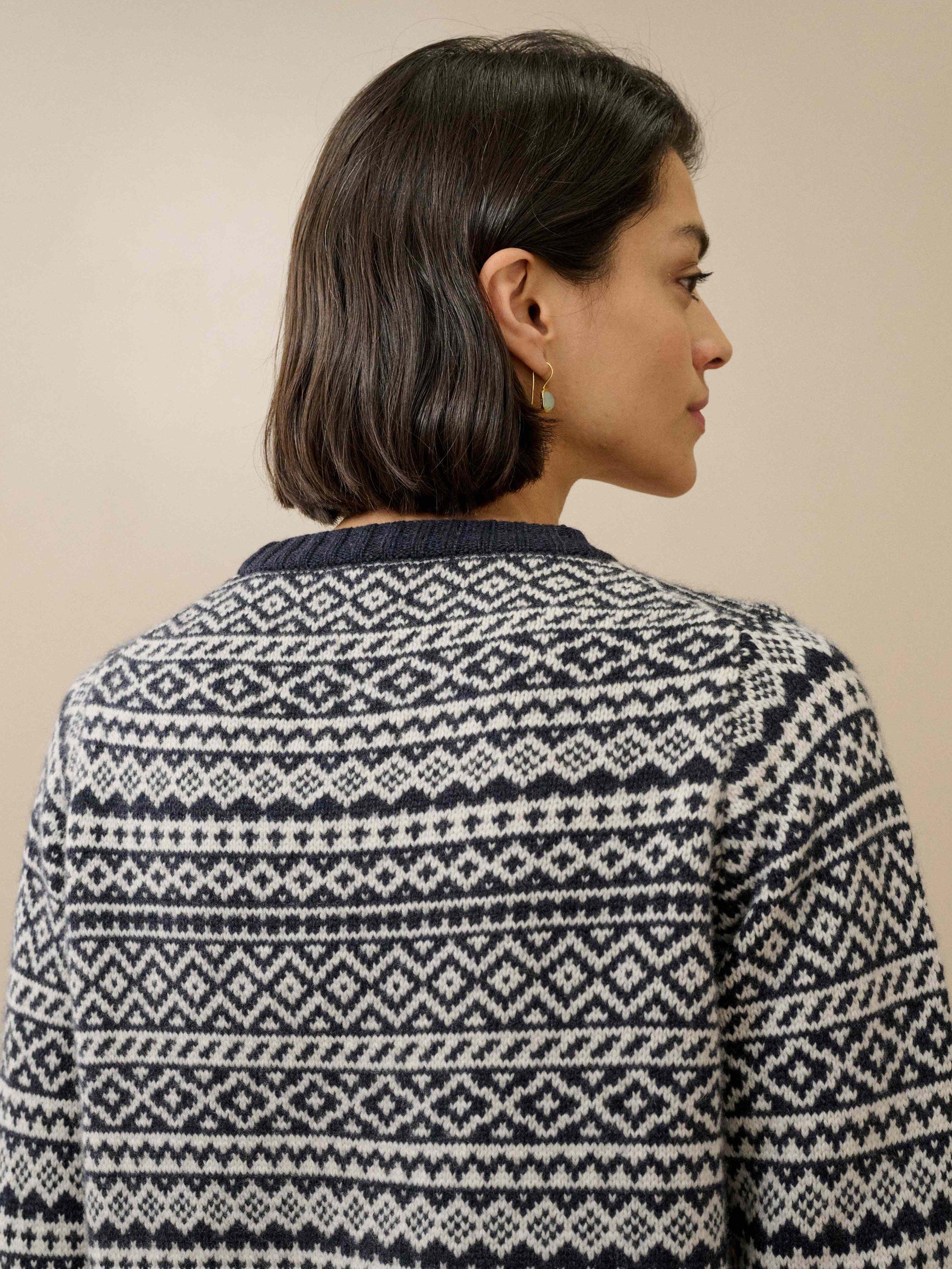 Product image 4 of 5, which shows Brora Cashmere Folk Fair Isle Jumper, Navy/Multi, 16-18