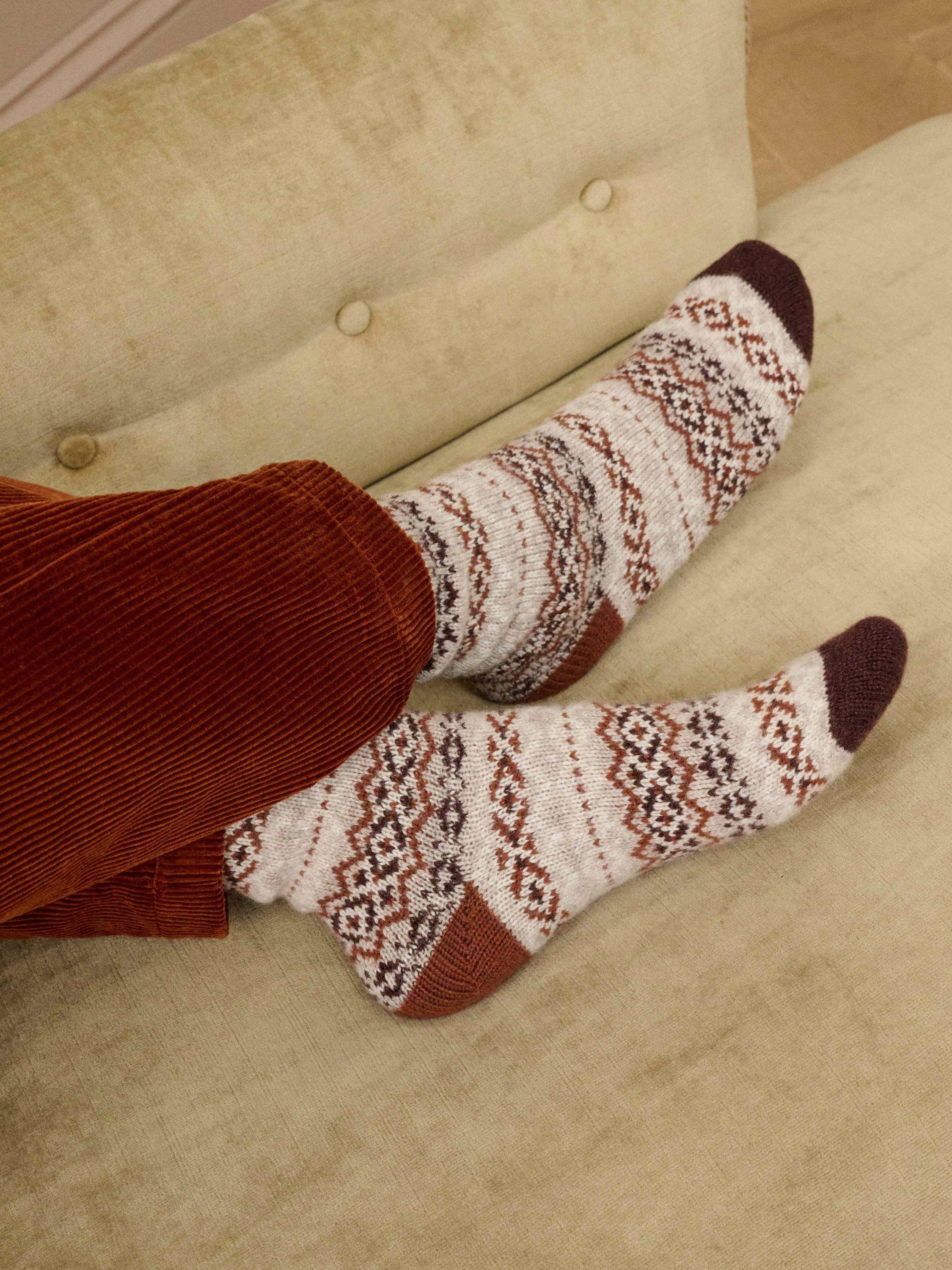 Product image 2 of 2, which shows Brora Cashmere Blend Fair Isle Ankle Socks, Brown/Multi, One Size