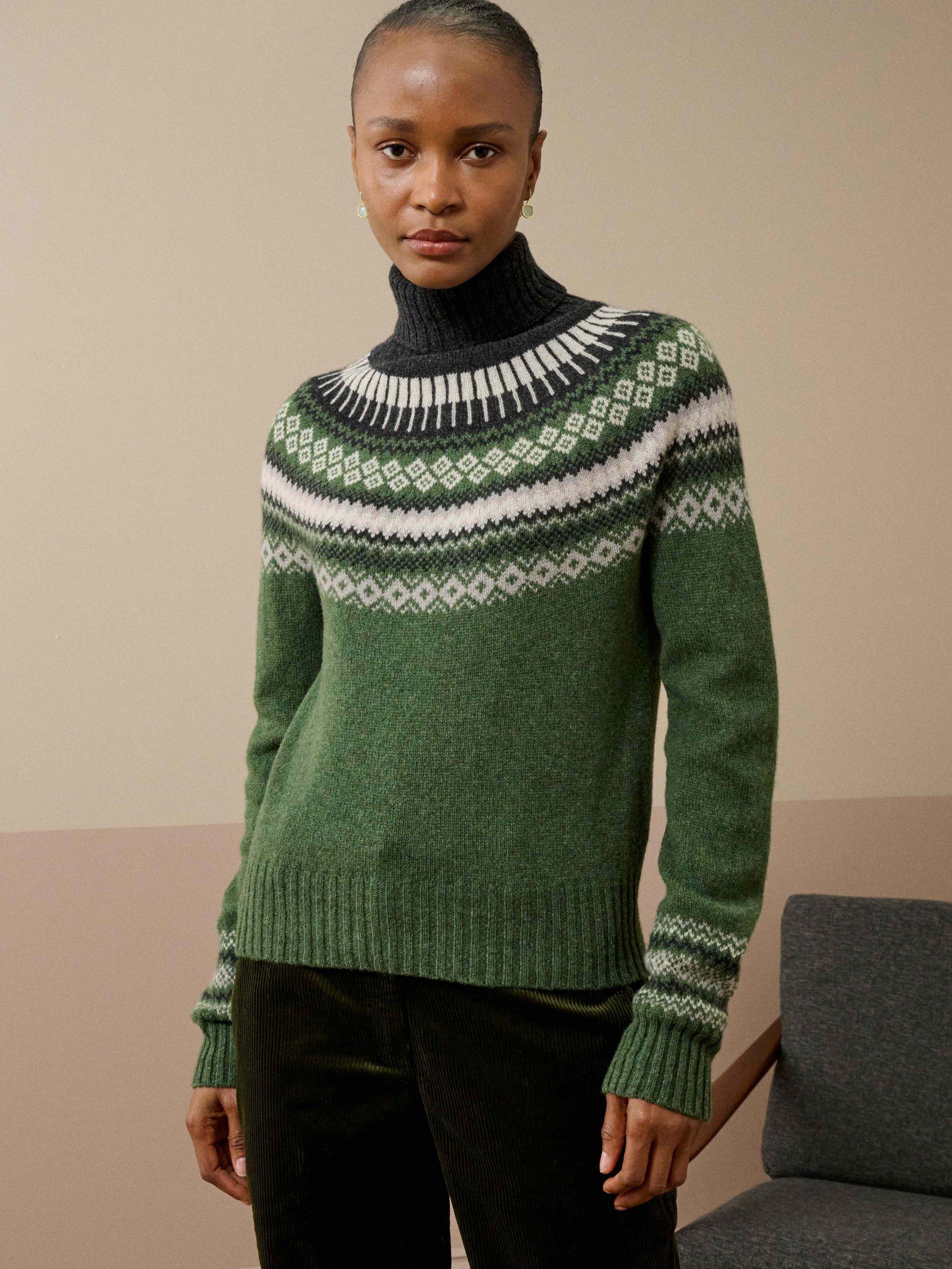 Product image 1 of 5, which shows Brora Fair Isle Roll Neck Lambswool Jumper, Tarragon, 8-10