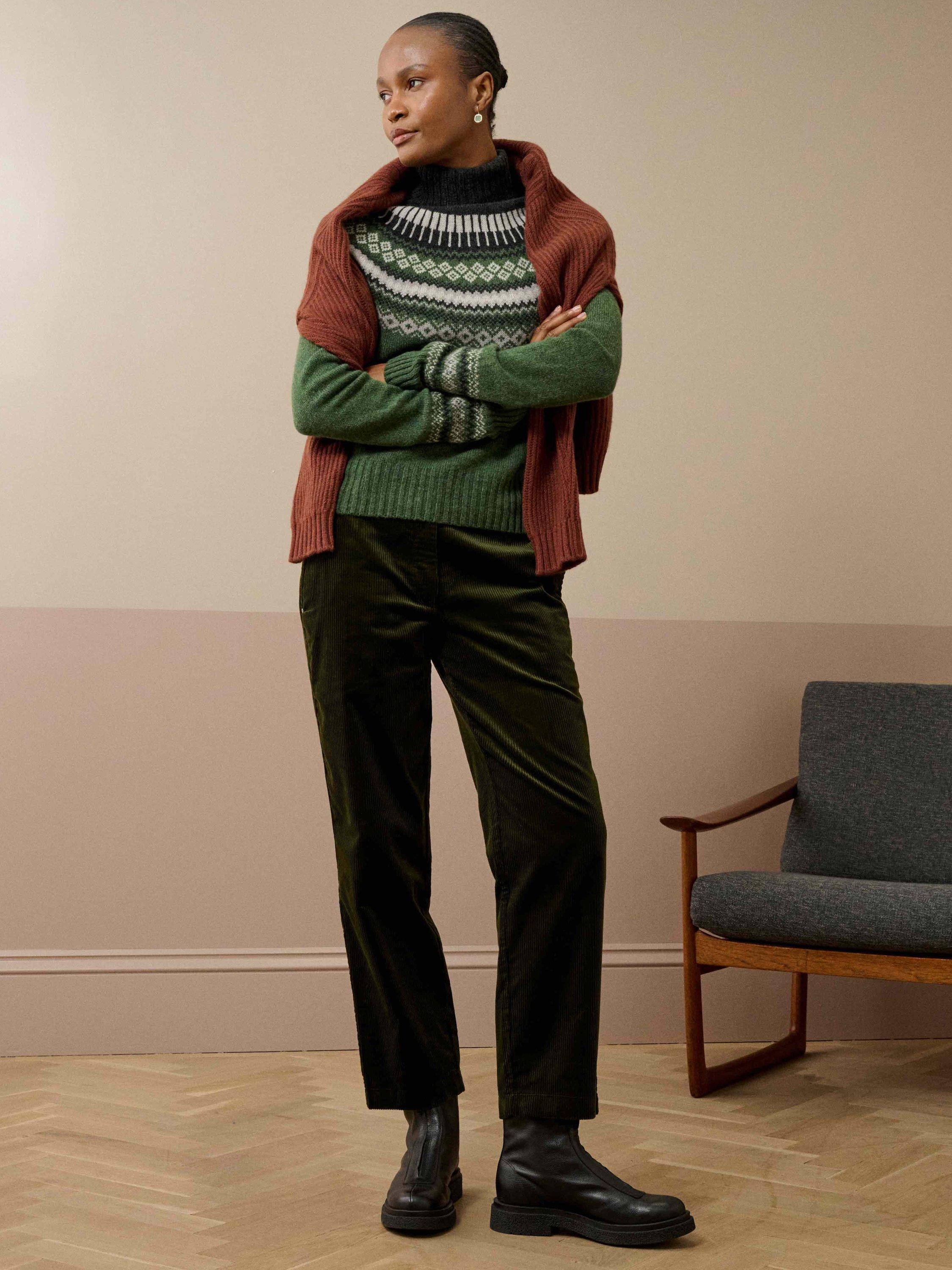Product image 2 of 5, which shows Brora Fair Isle Roll Neck Lambswool Jumper, Tarragon, 8-10