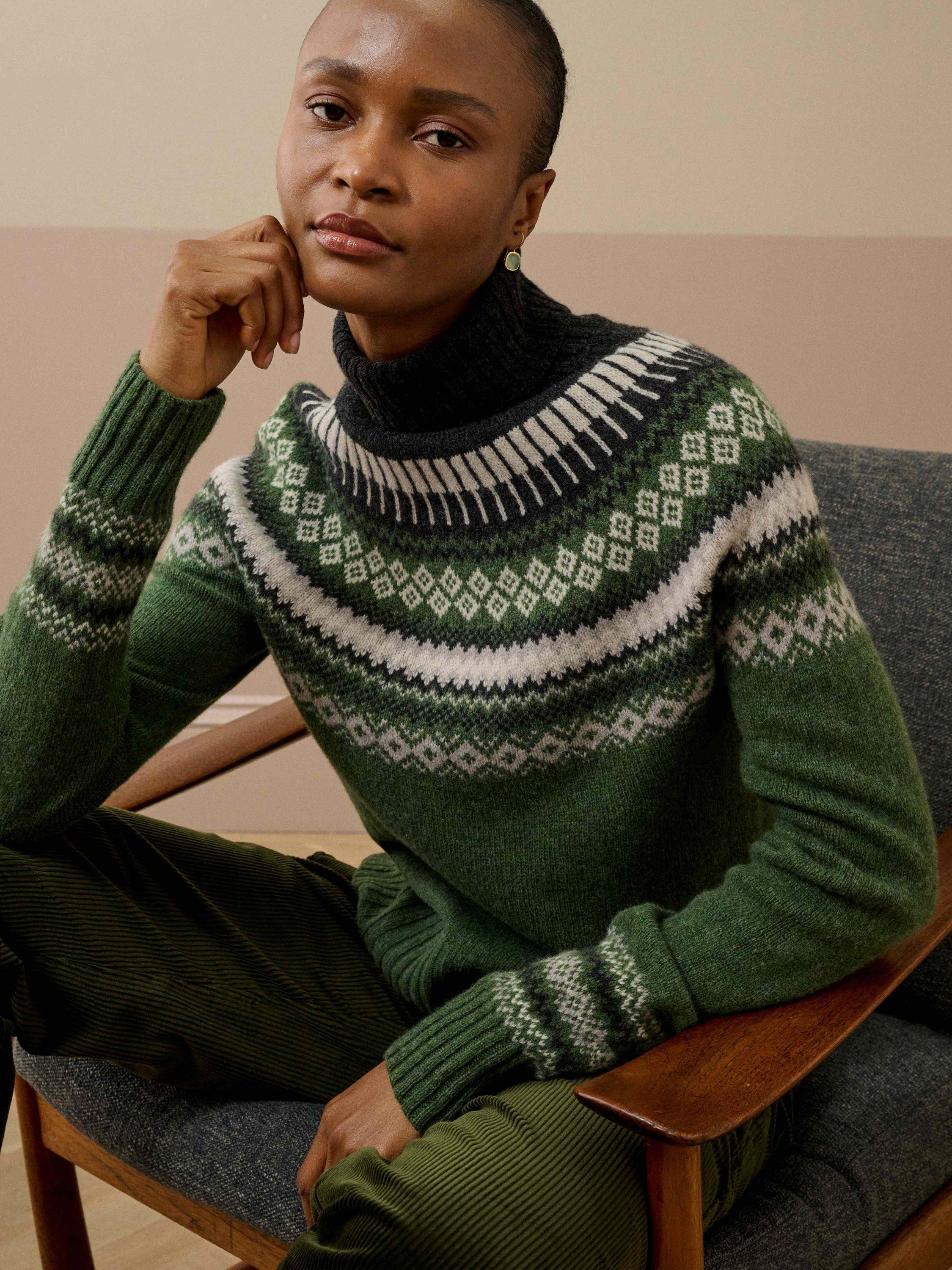 Product image 3 of 5, which shows Brora Fair Isle Roll Neck Lambswool Jumper, Tarragon, 8-10
