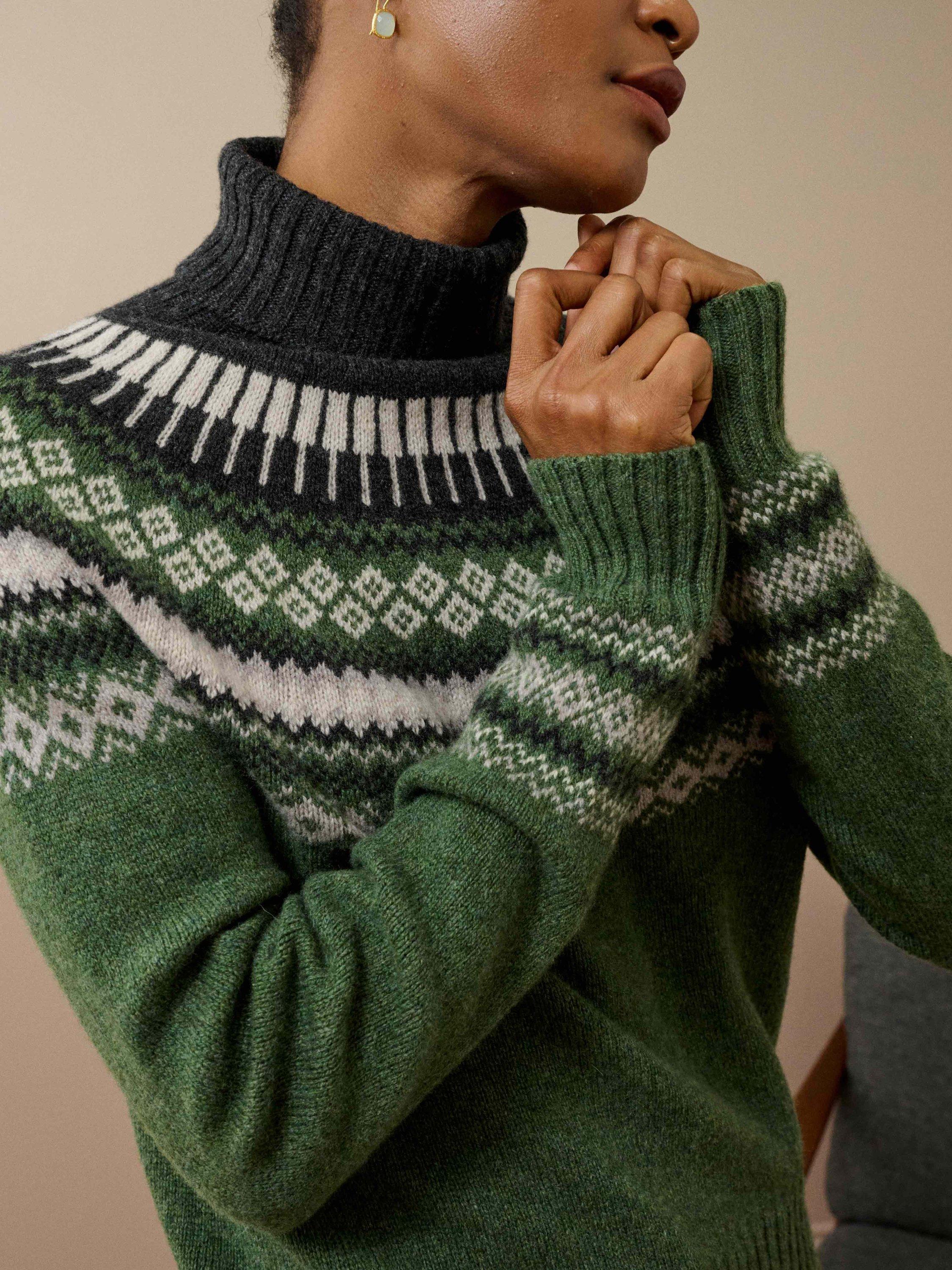 Product image 4 of 5, which shows Brora Fair Isle Roll Neck Lambswool Jumper, Tarragon, 8-10