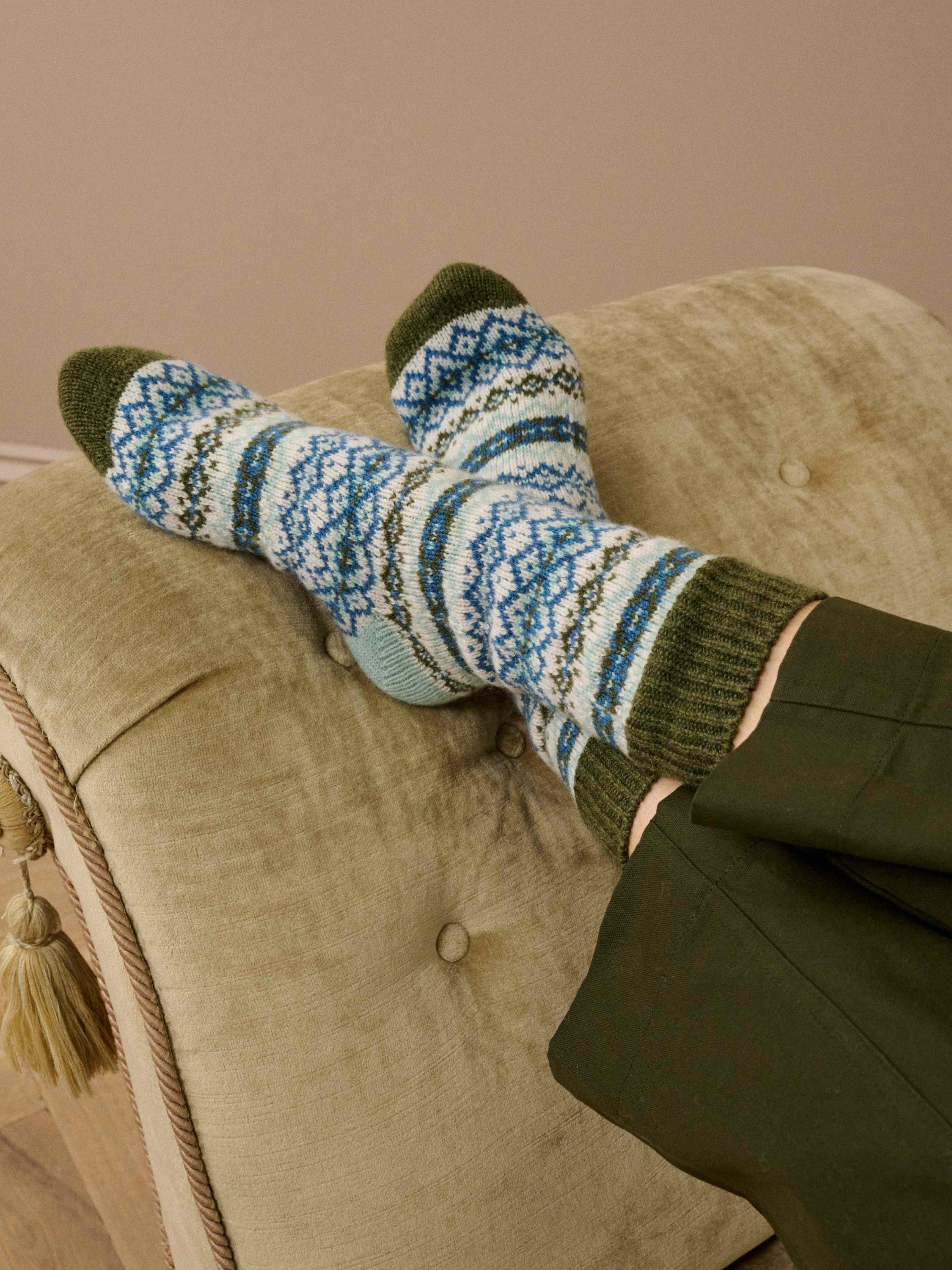 Product image 2 of 2, which shows Brora Cashmere Blend Fair Isle Ankle Socks, Blue/Multi, One Size