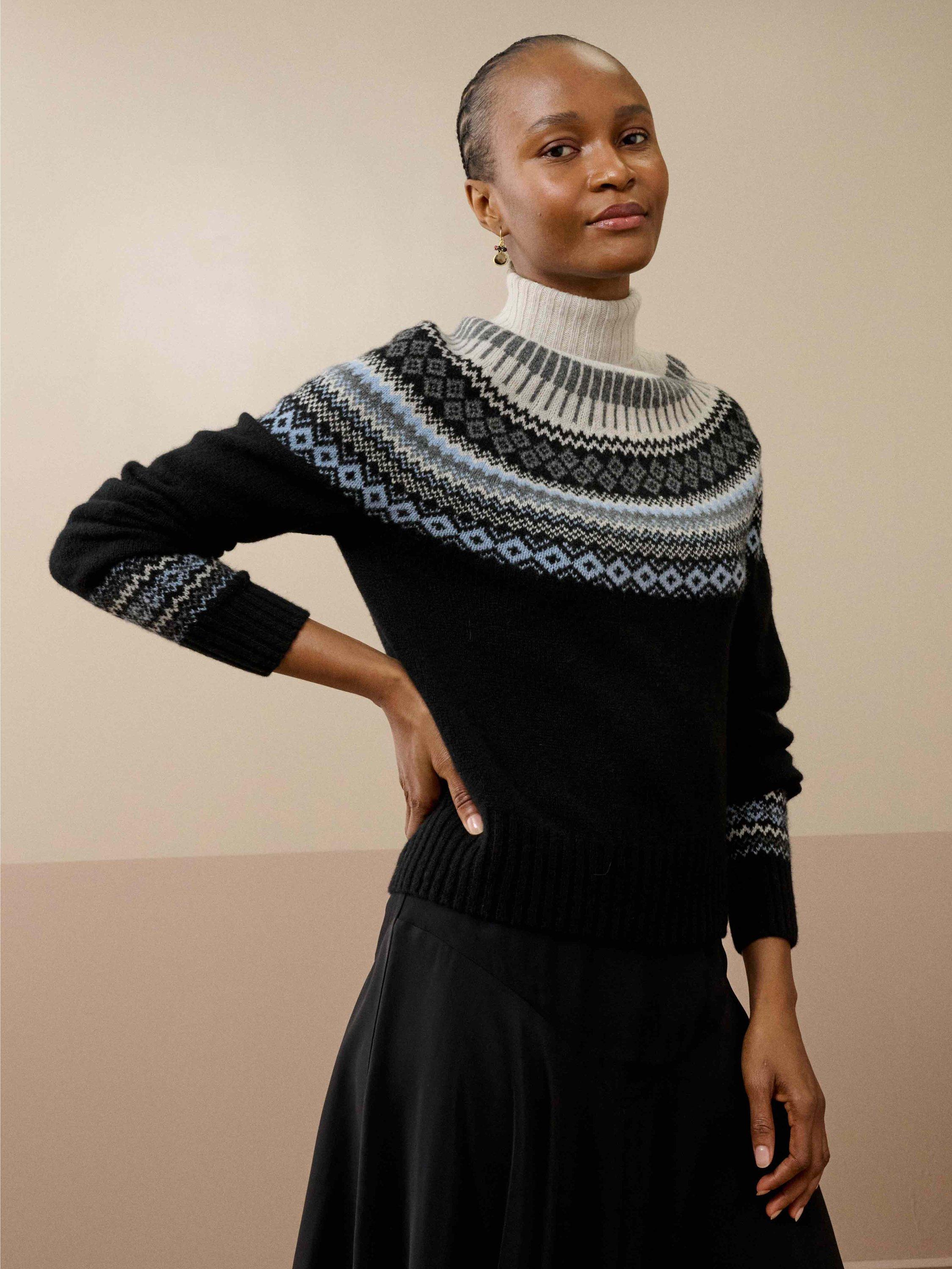 Product image 1 of 5, which shows Brora Fair Isle Roll Neck Lambswool Jumper, Black, 8-10