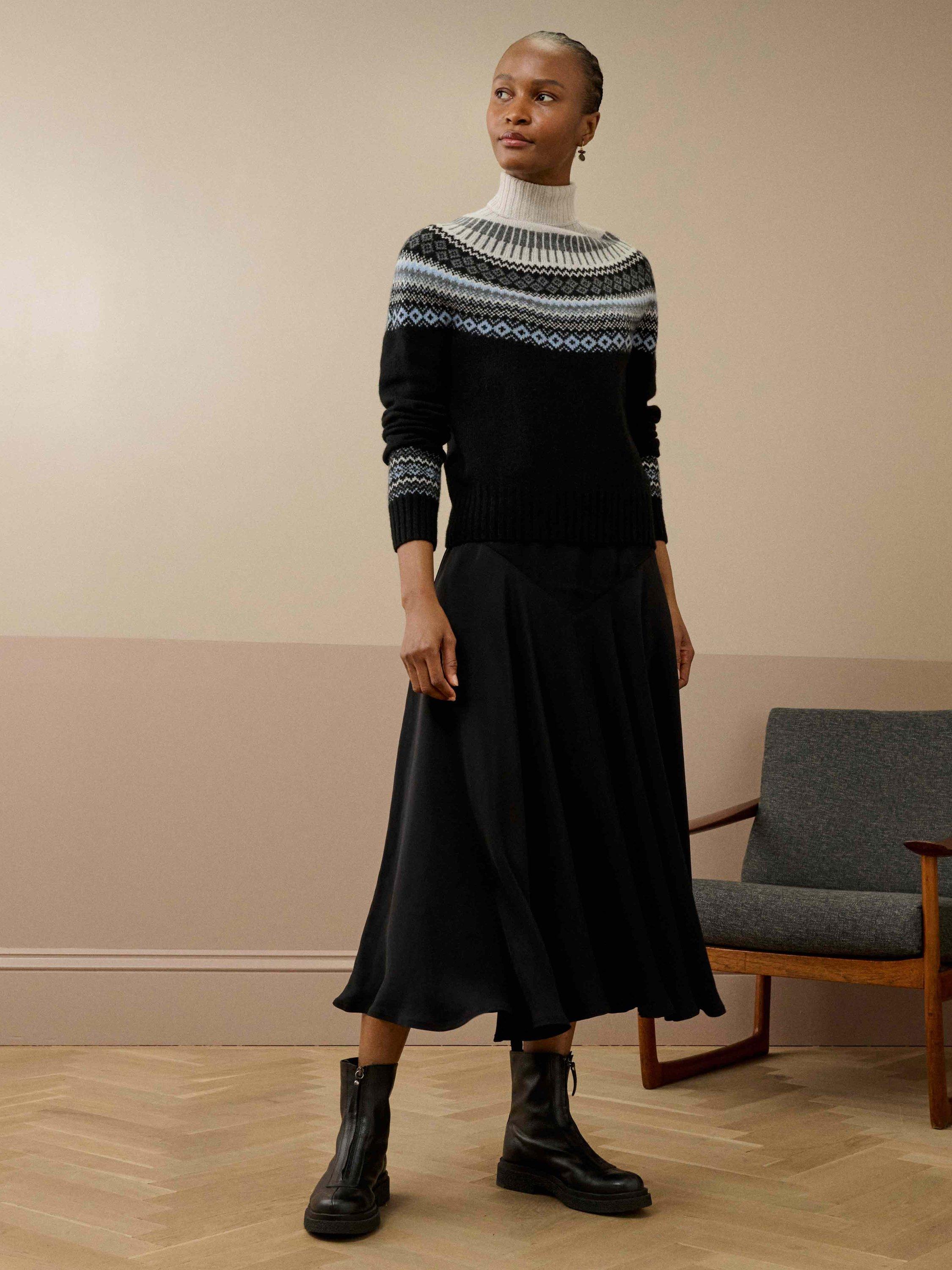 Product image 2 of 5, which shows Brora Fair Isle Roll Neck Lambswool Jumper, Black, 8-10