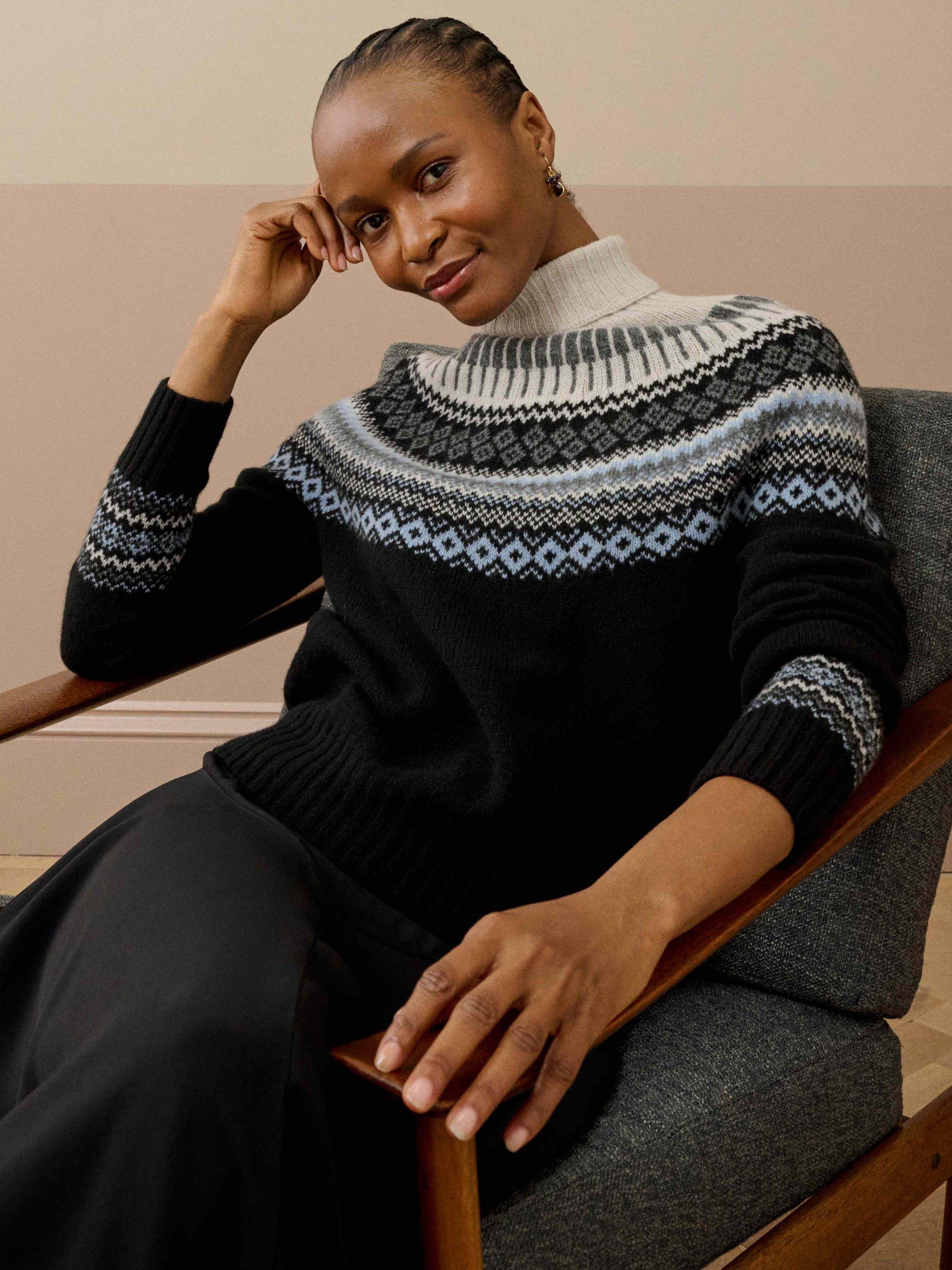 Product image 3 of 5, which shows Brora Fair Isle Roll Neck Lambswool Jumper, Black, 8-10