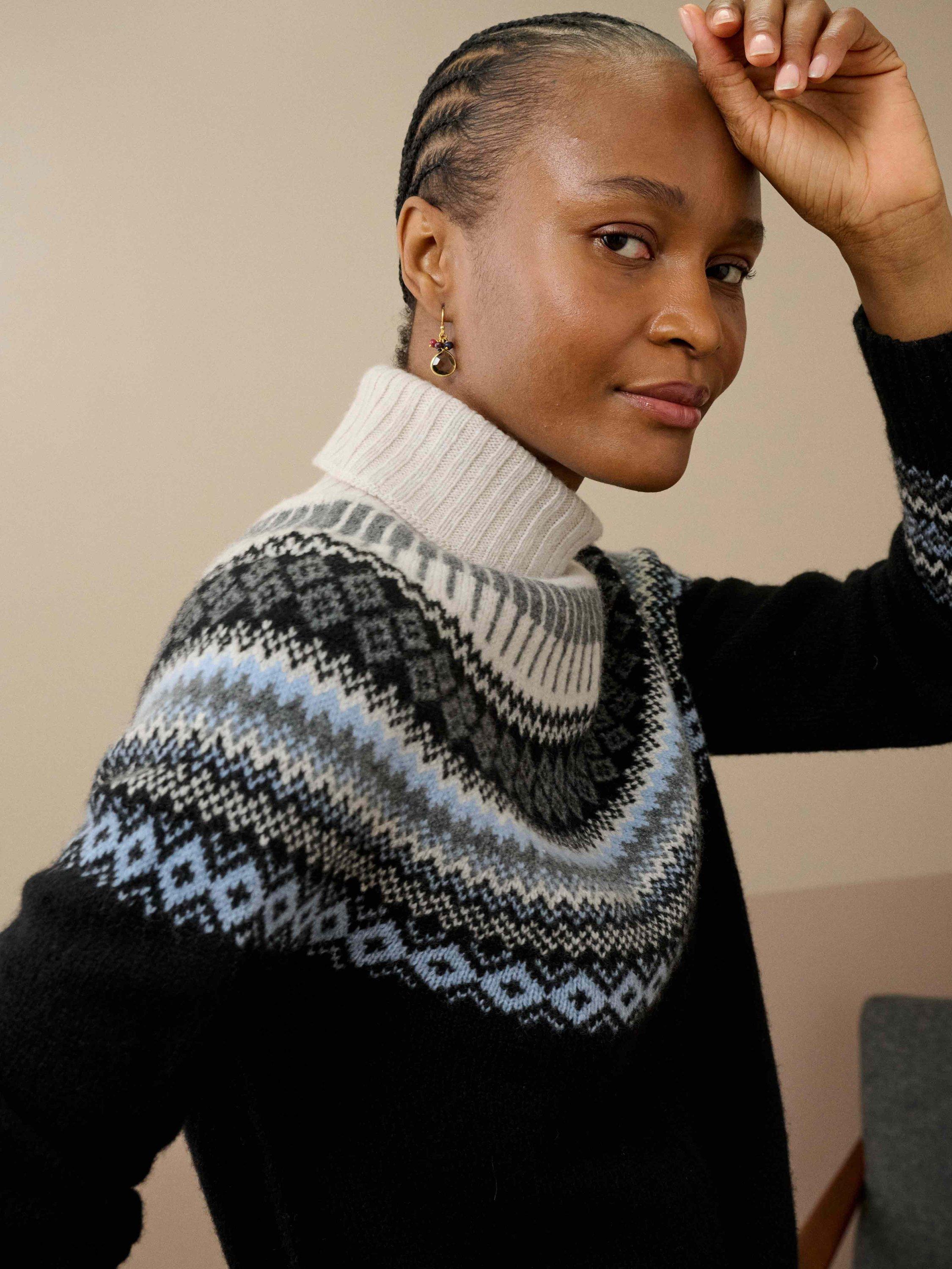 Product image 4 of 5, which shows Brora Fair Isle Roll Neck Lambswool Jumper, Black, 8-10