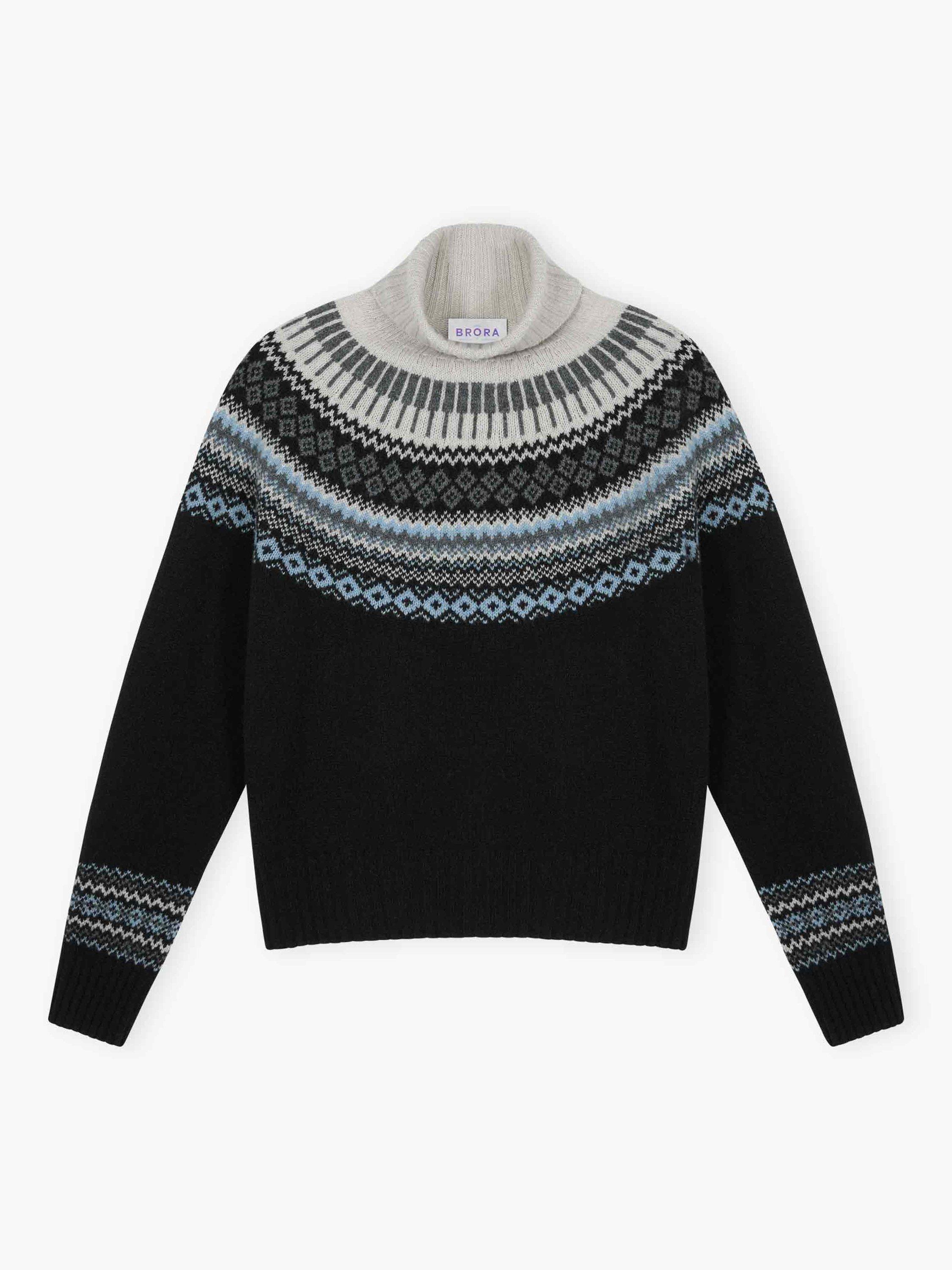 Product image 5 of 5, which shows Brora Fair Isle Roll Neck Lambswool Jumper, Black, 8-10