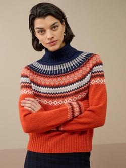 Brora Fair Isle Roll Neck Lambswool Jumper, Burnt Orange, Burnt Orange