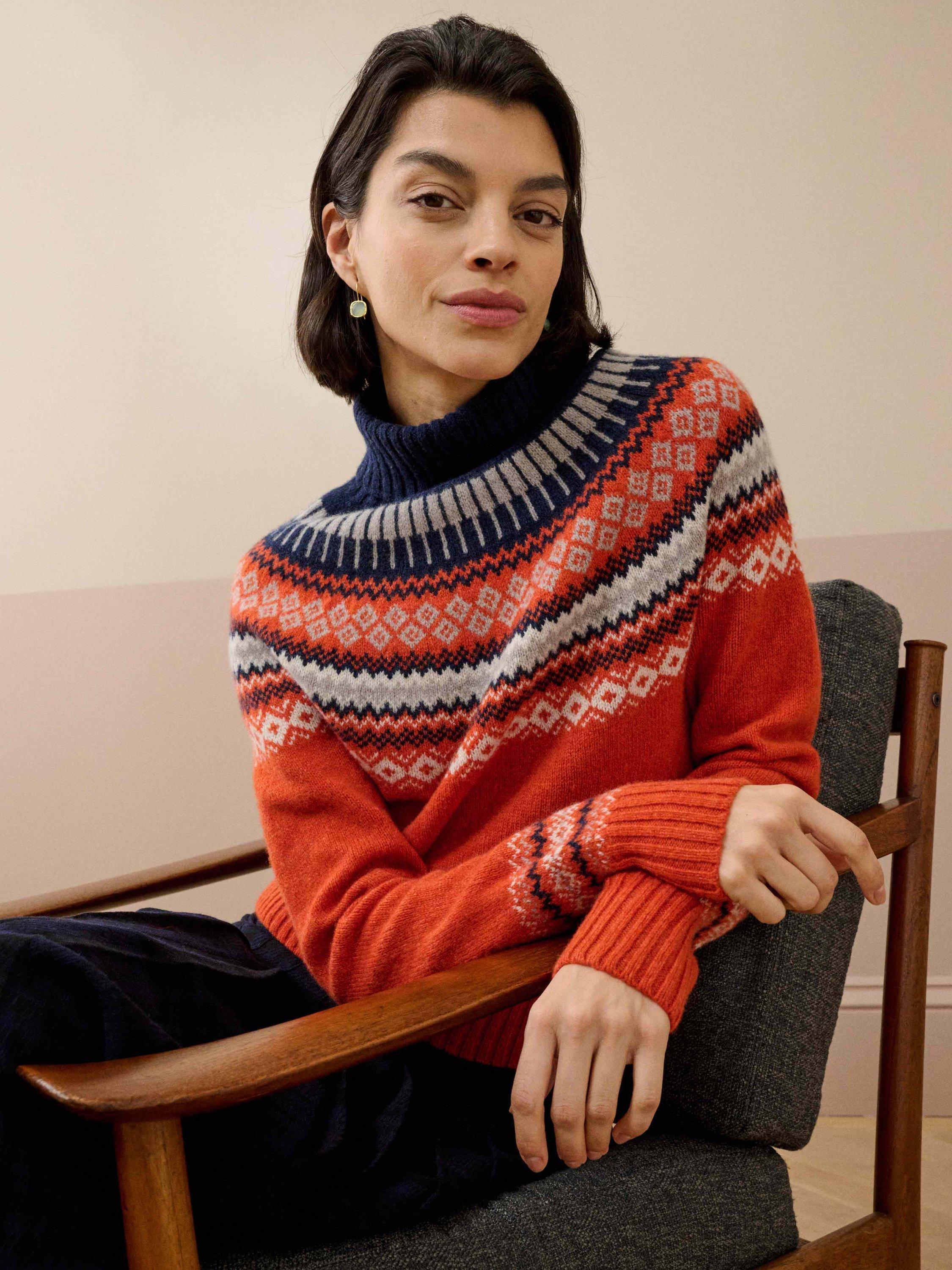 Product image 3 of 6, which shows Brora Fair Isle Roll Neck Lambswool Jumper, Burnt Orange, 8-10