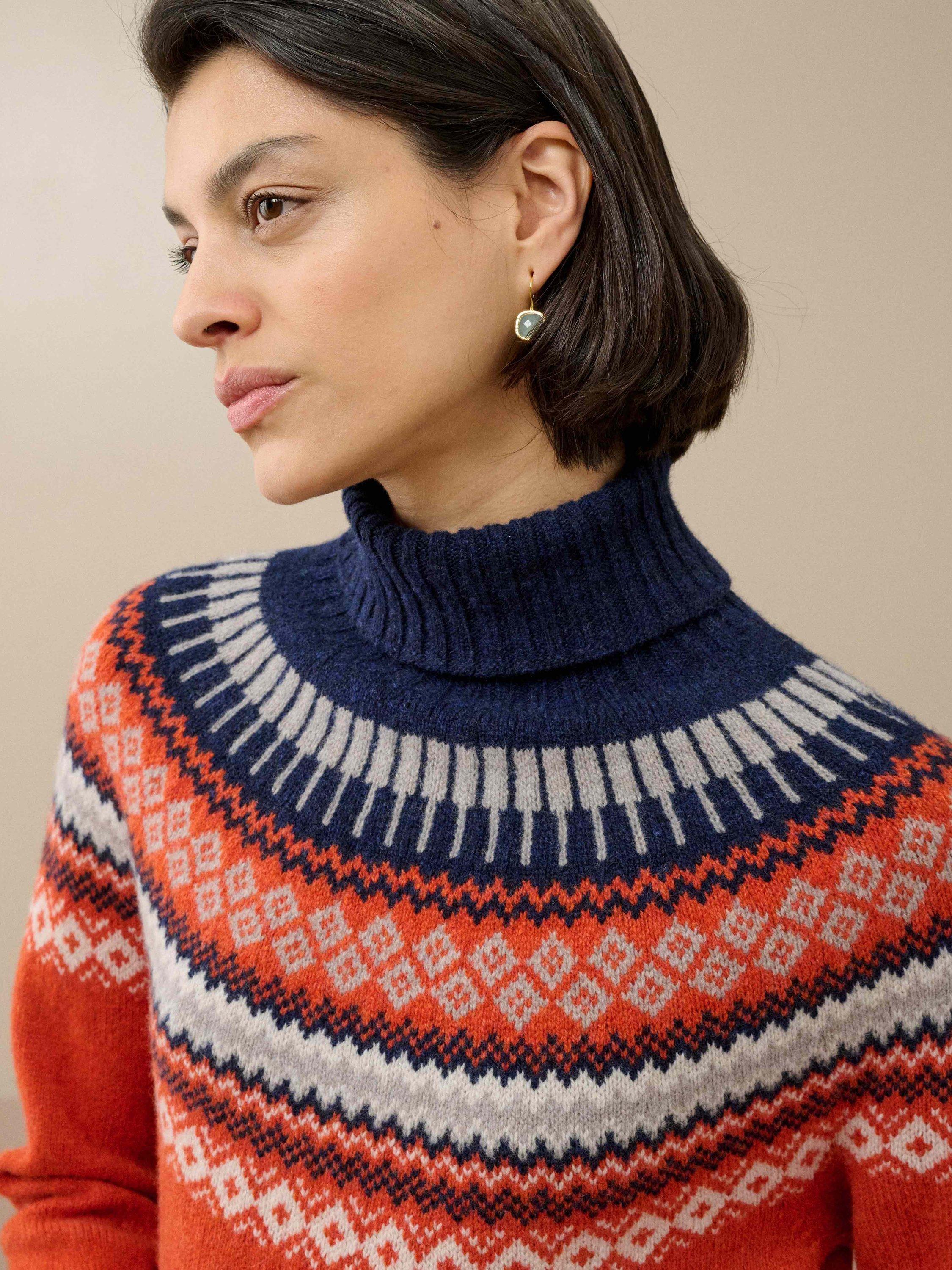 Product image 4 of 6, which shows Brora Fair Isle Roll Neck Lambswool Jumper, Burnt Orange, 8-10
