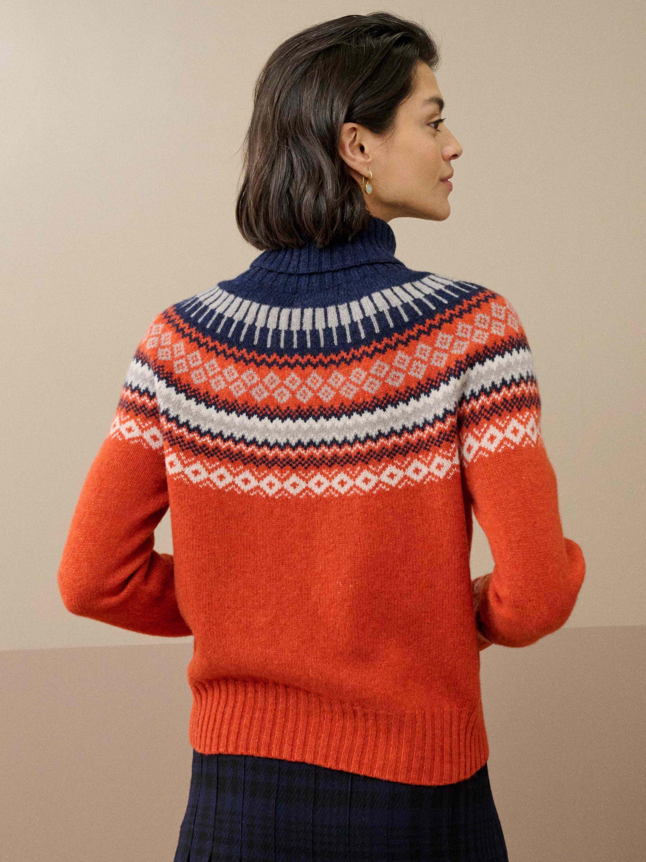 Product image 5 of 6, which shows Brora Fair Isle Roll Neck Lambswool Jumper, Burnt Orange, 8-10